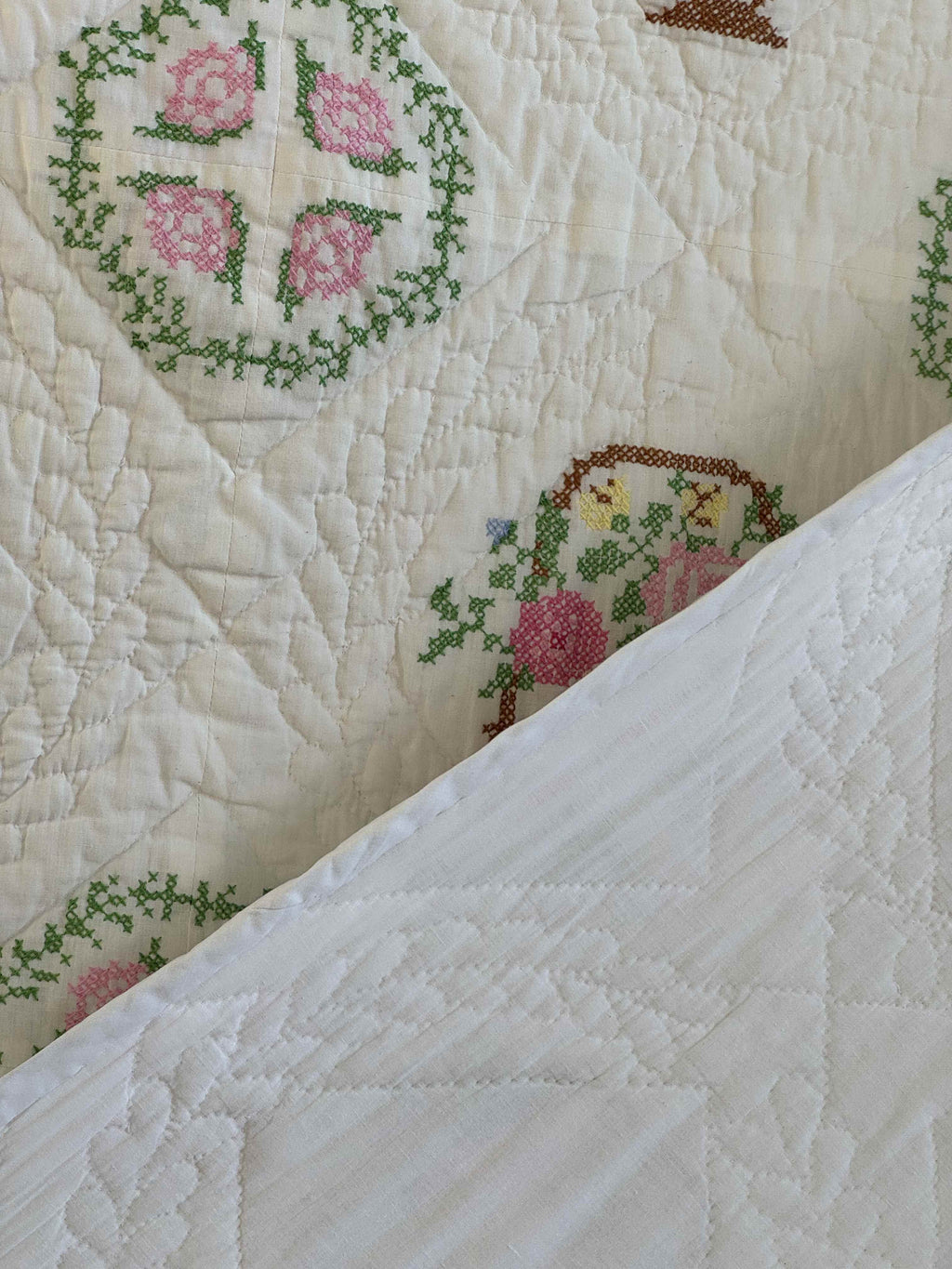Vintage Quilt Bucilla "Flower Basket" Cross Stitch Quilt