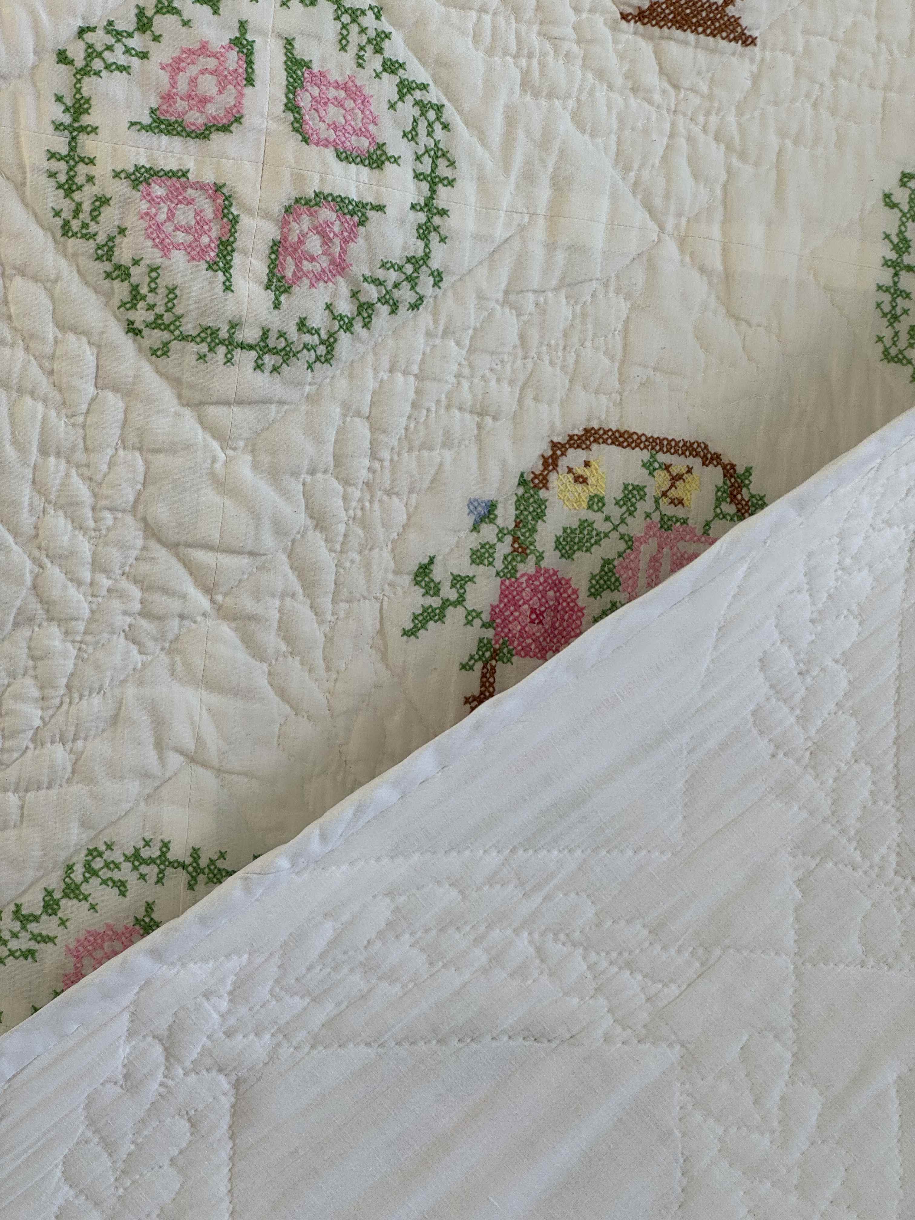 Vintage Quilt Bucilla "Flower Basket" Cross Stitch Quilt