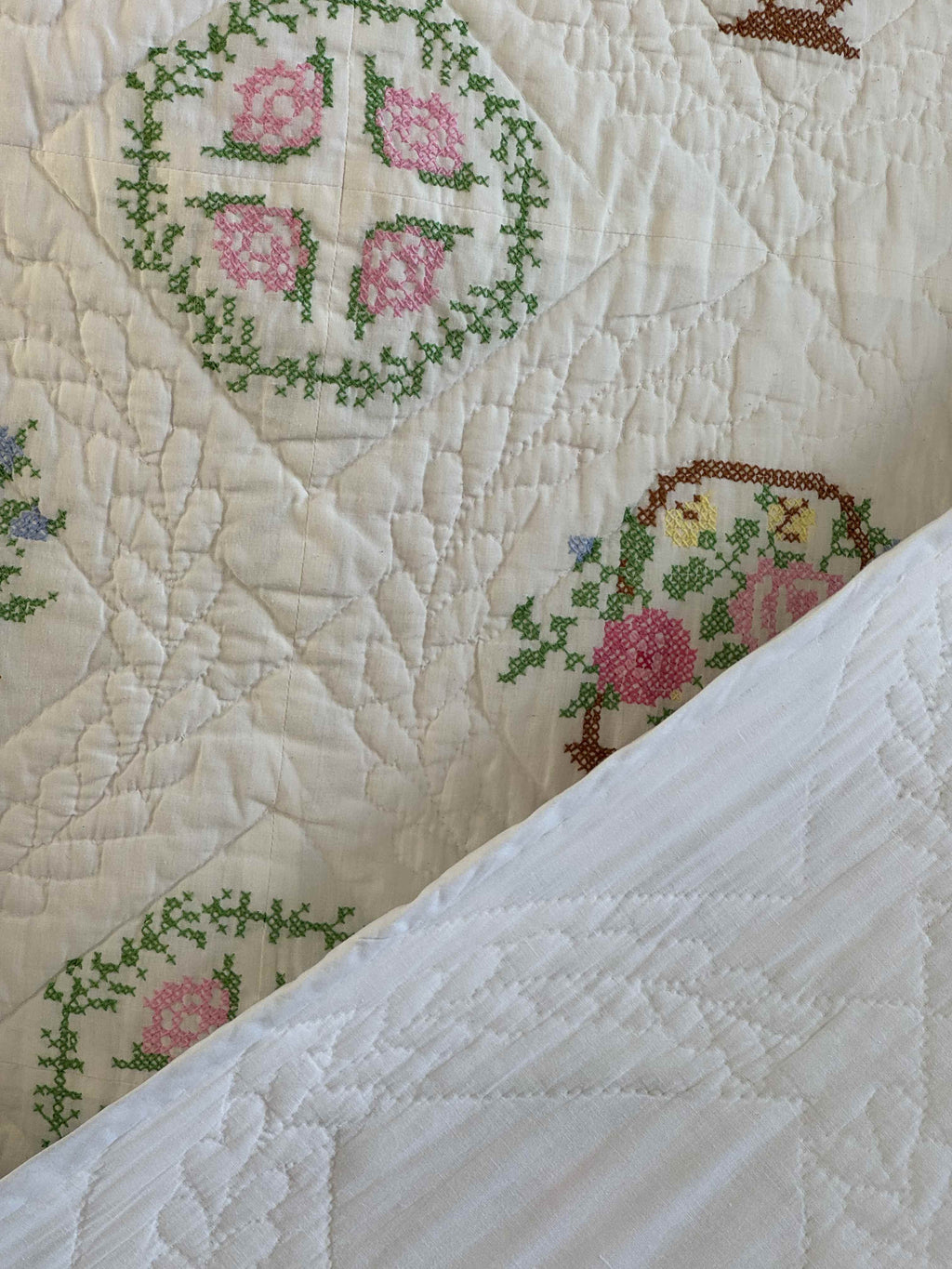 Vintage Quilt Bucilla "Flower Basket" Cross Stitch Quilt