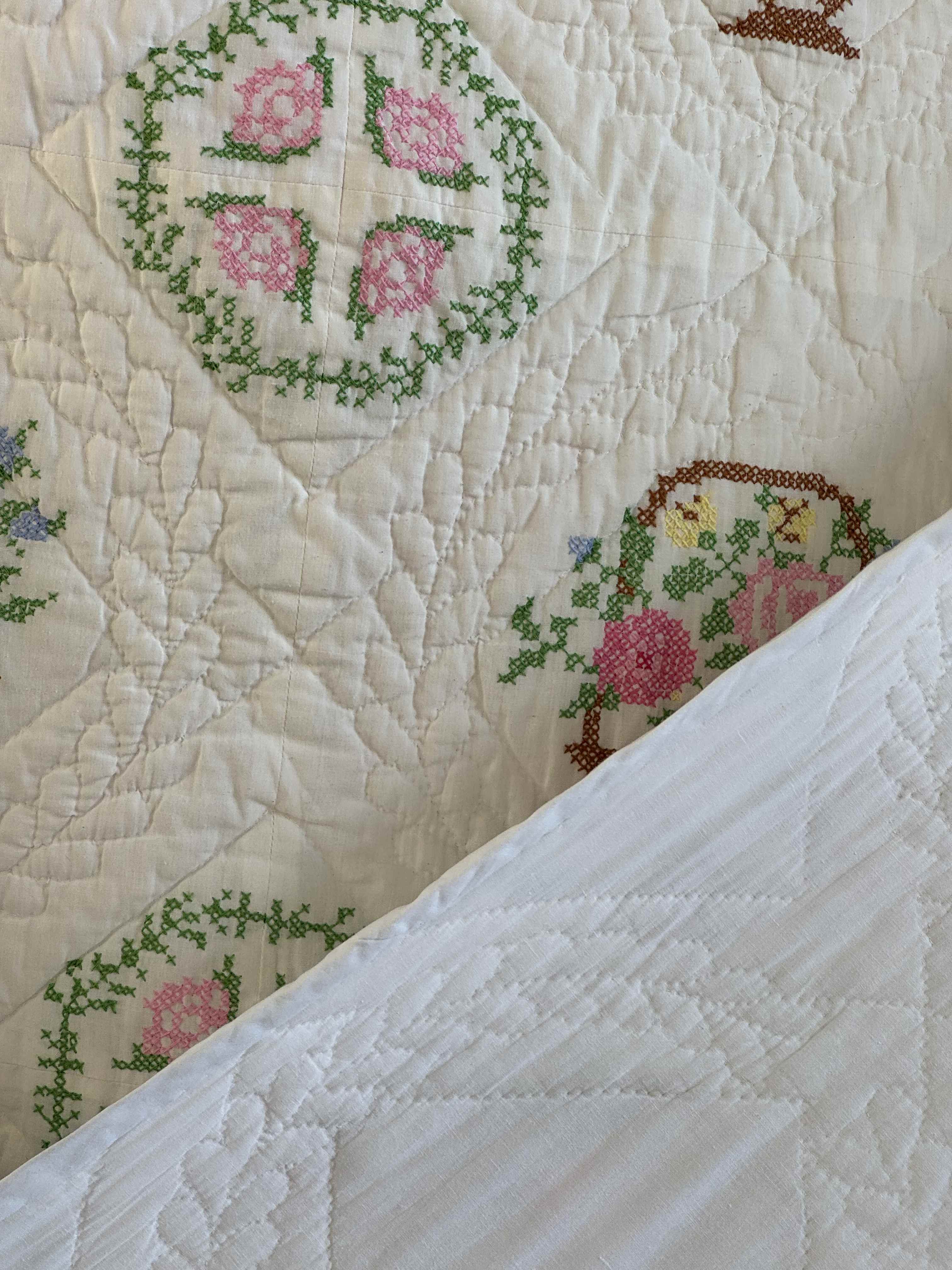 Vintage Quilt Bucilla "Flower Basket" Cross Stitch Quilt