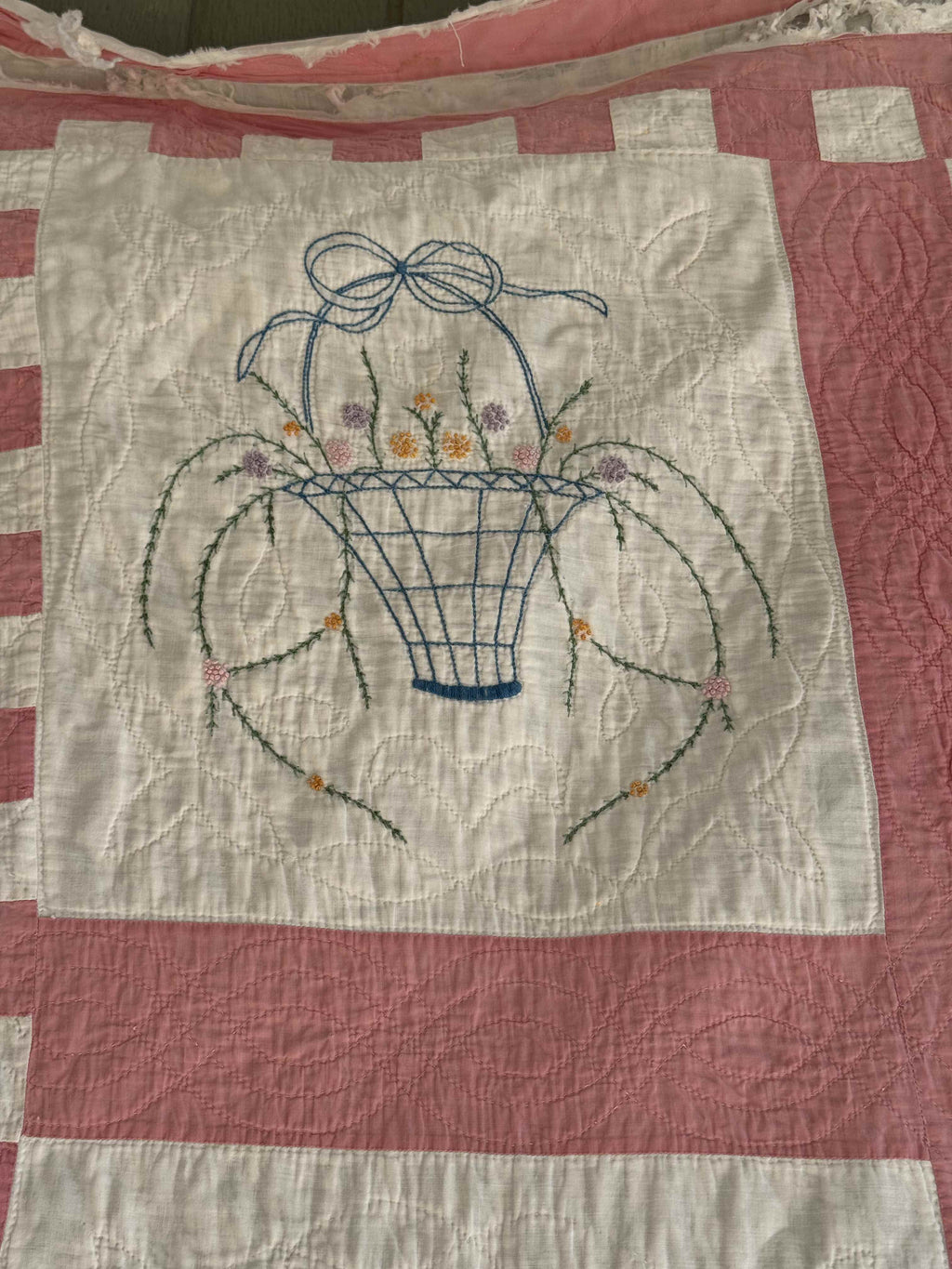 Vintage Quilt Flower Basket Embroidery