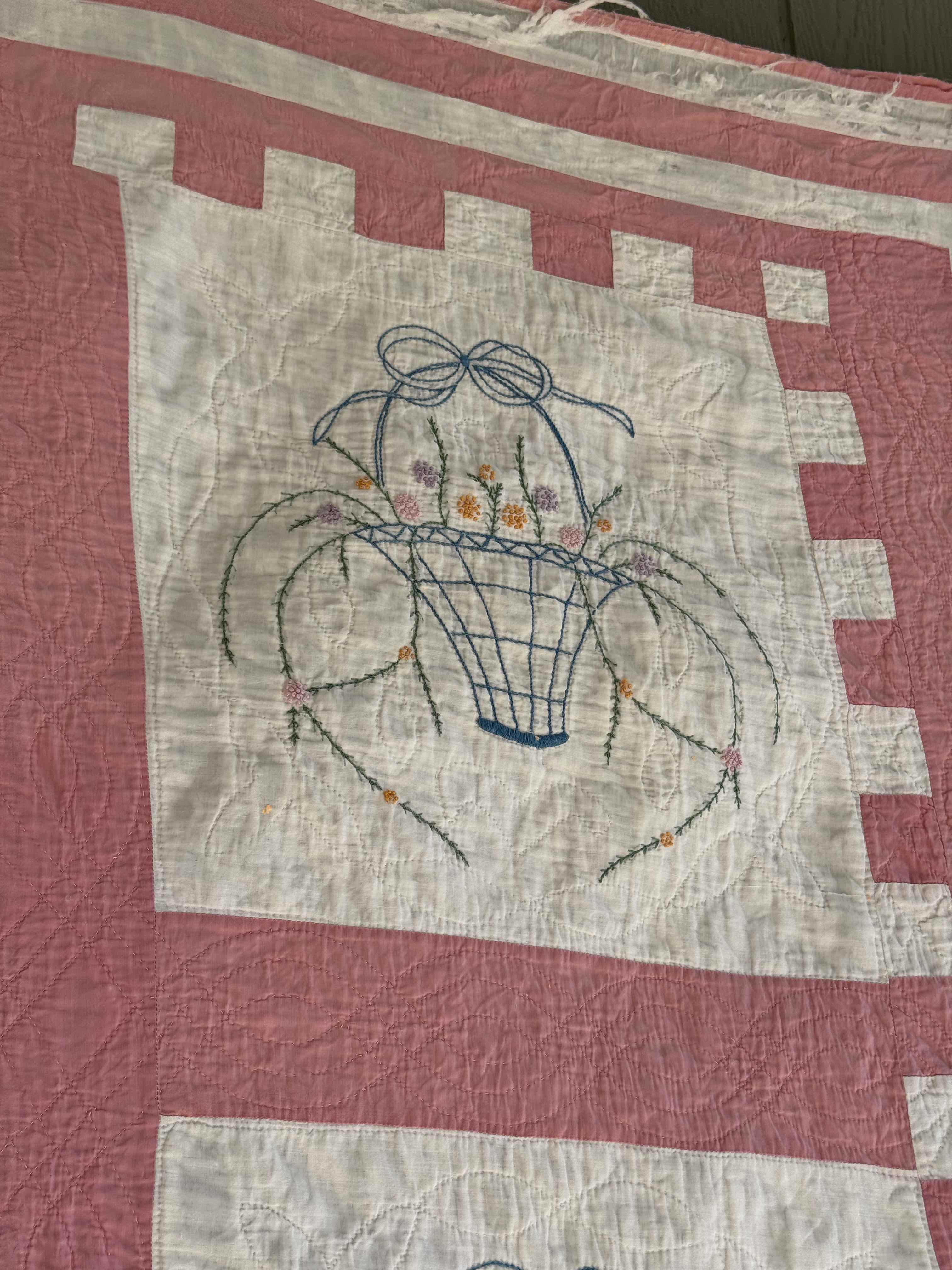 Vintage Quilt Flower Basket Embroidery
