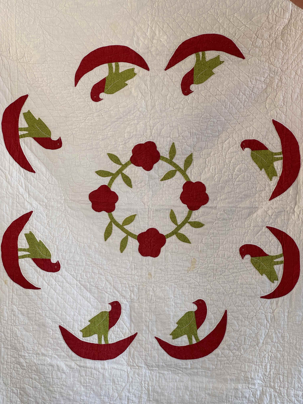 Vintage Quilt Rose of Sharon Wreath with Folk Art Birds