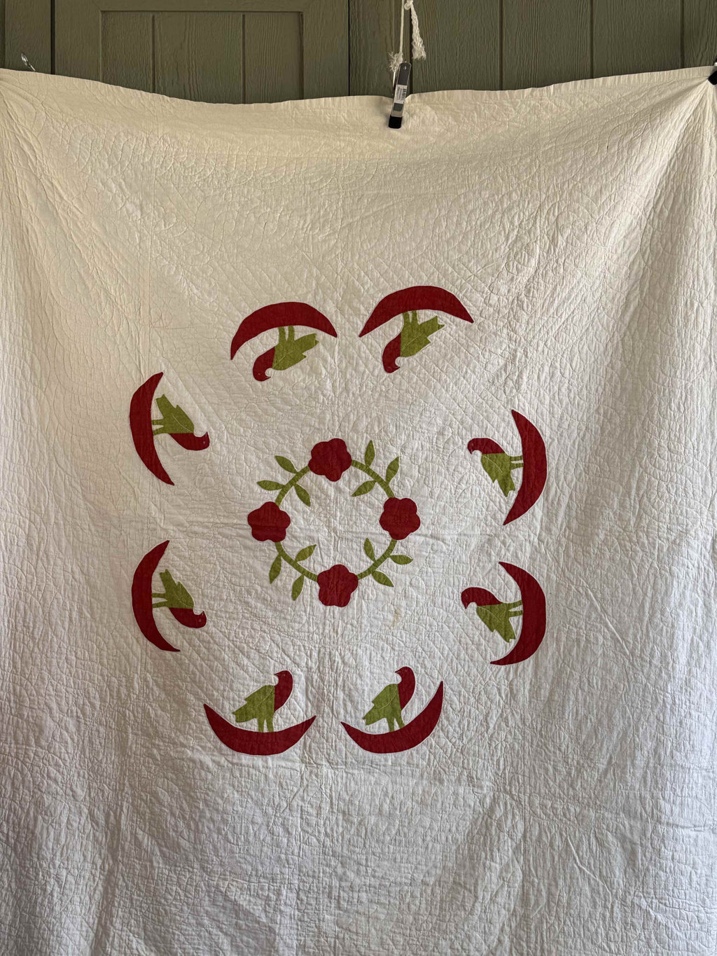 Vintage Quilt Rose of Sharon Wreath with Folk Art Birds