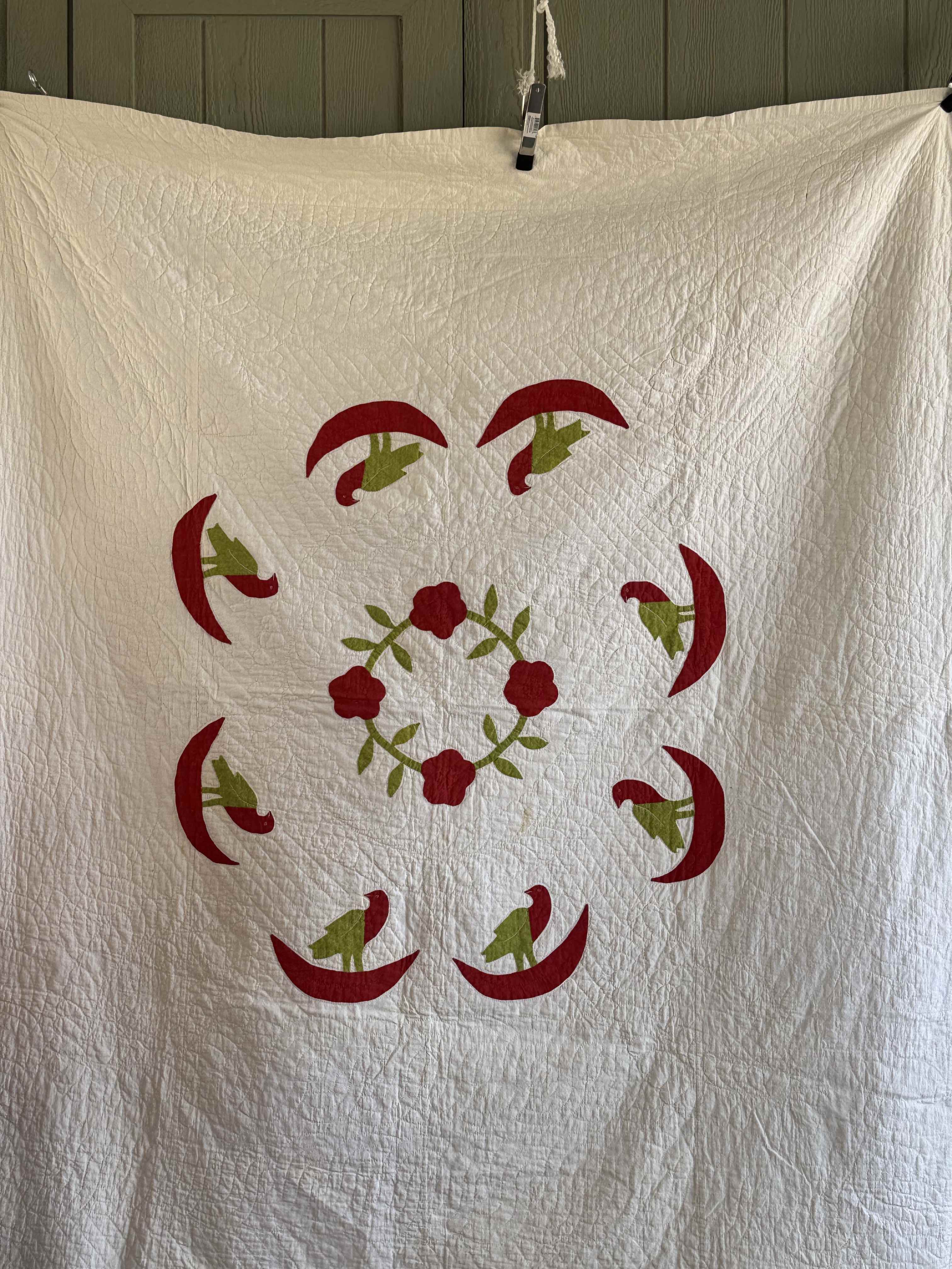 Vintage Quilt Rose of Sharon Wreath with Folk Art Birds