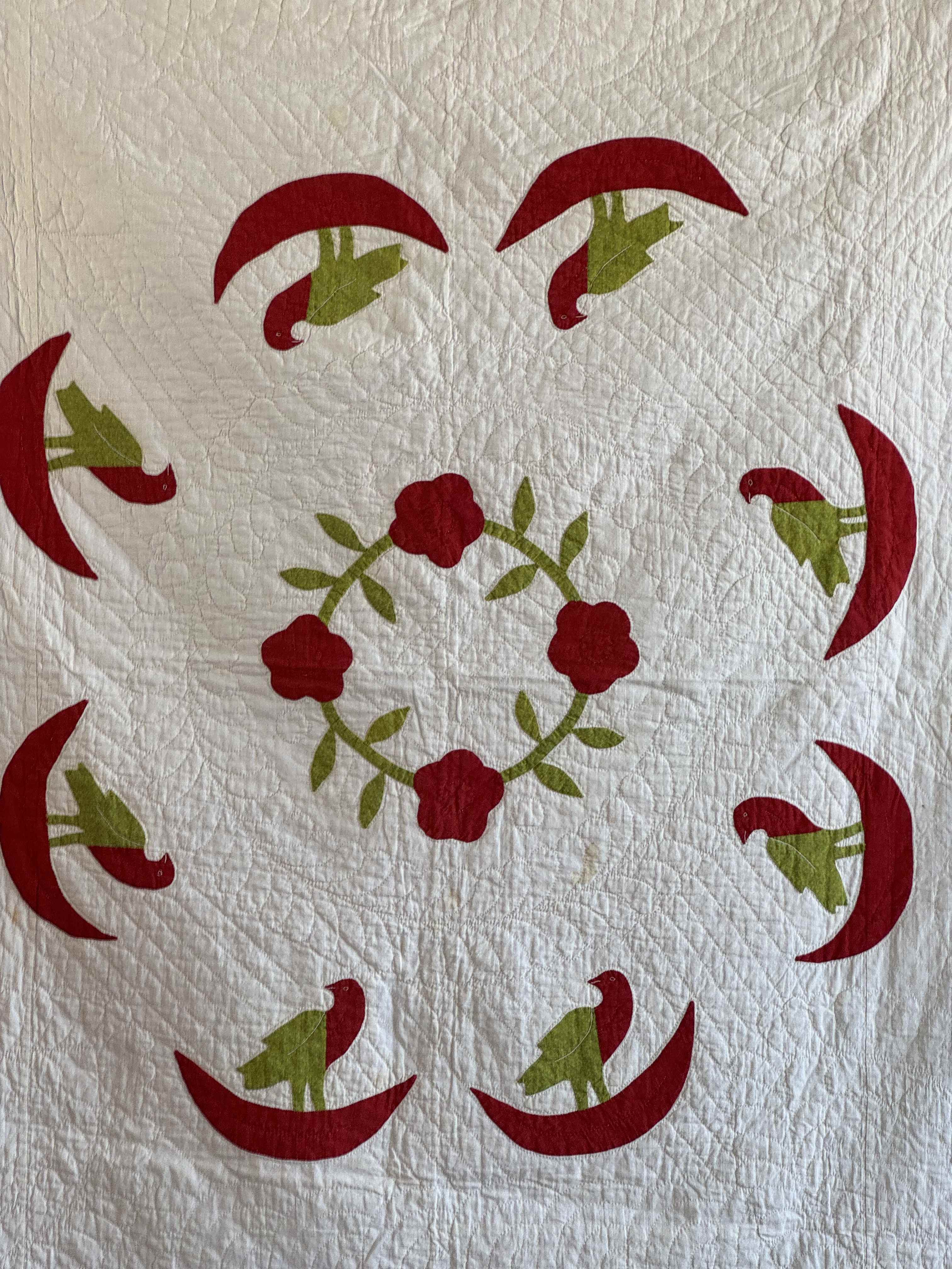 Vintage Quilt Rose of Sharon Wreath with Folk Art Birds