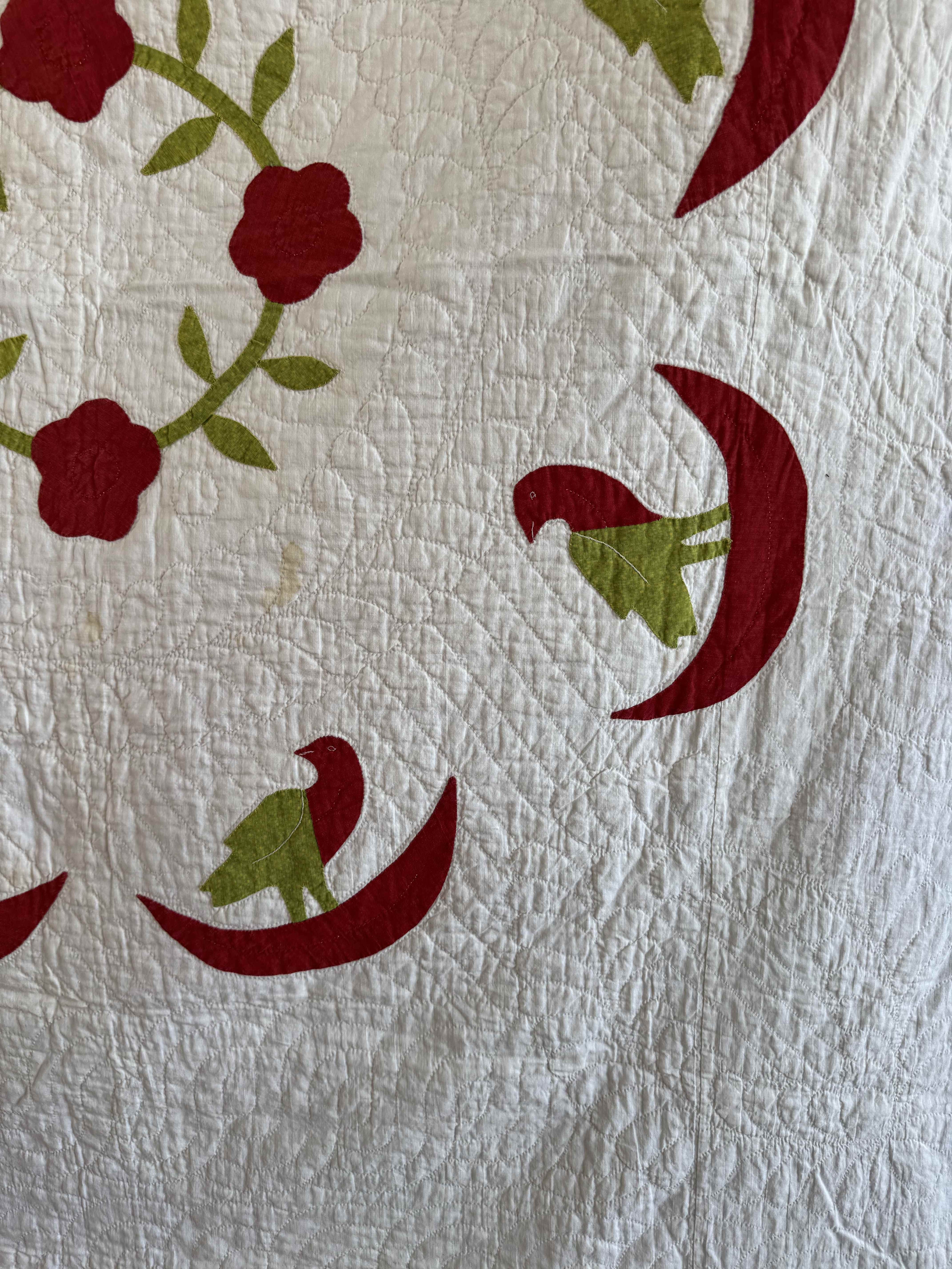 Vintage Quilt Rose of Sharon Wreath with Folk Art Birds