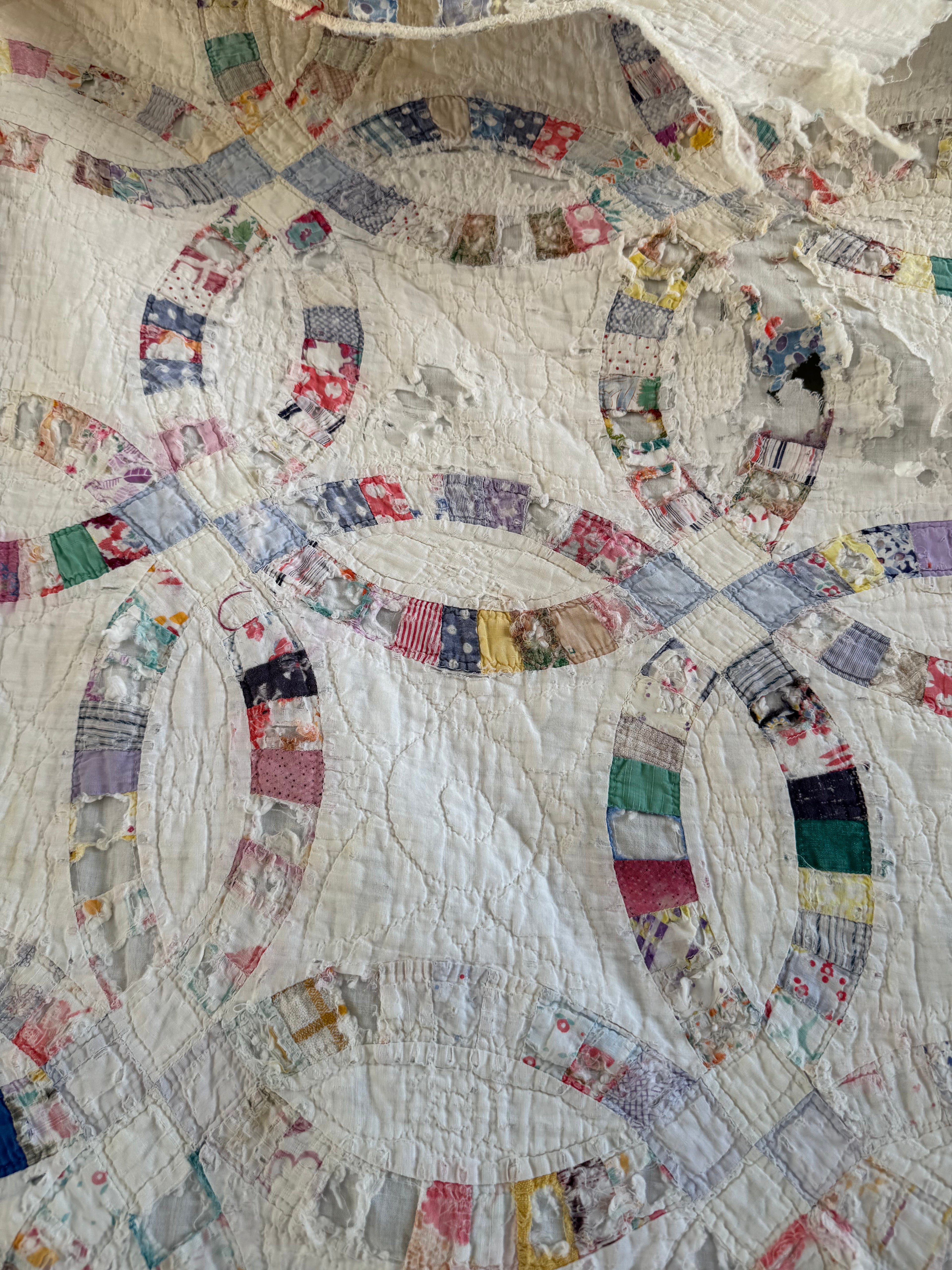 Vintage Cutter Quilt Double Wedding Ring Blue and Pink