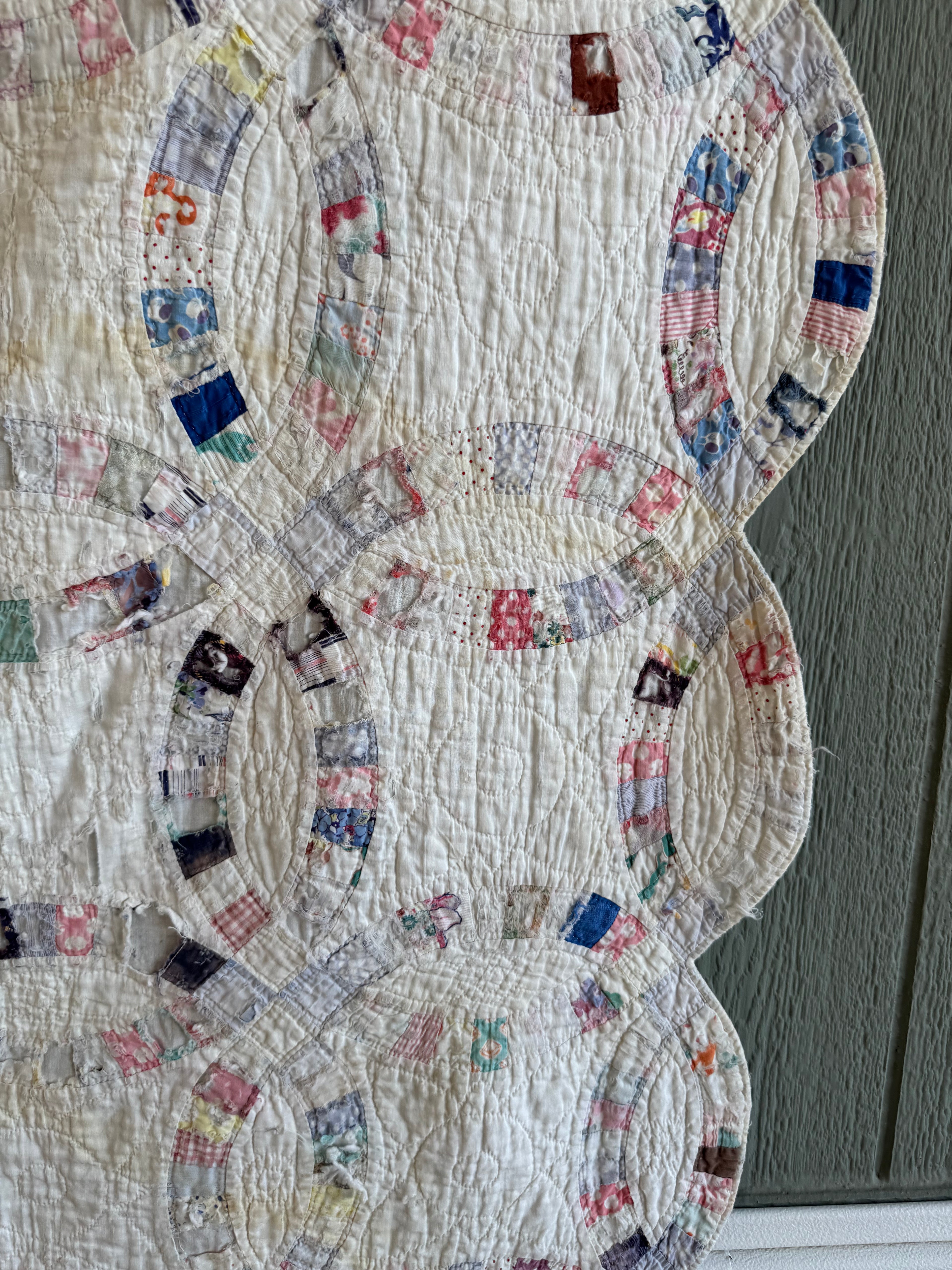 Vintage Cutter Quilt Double Wedding Ring Blue and Pink
