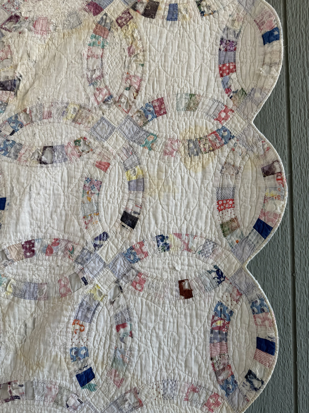 Vintage Cutter Quilt Double Wedding Ring Blue and Pink