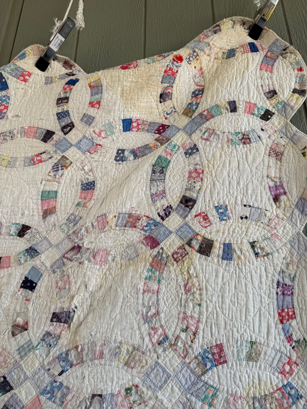 Vintage Cutter Quilt Double Wedding Ring Blue and Pink