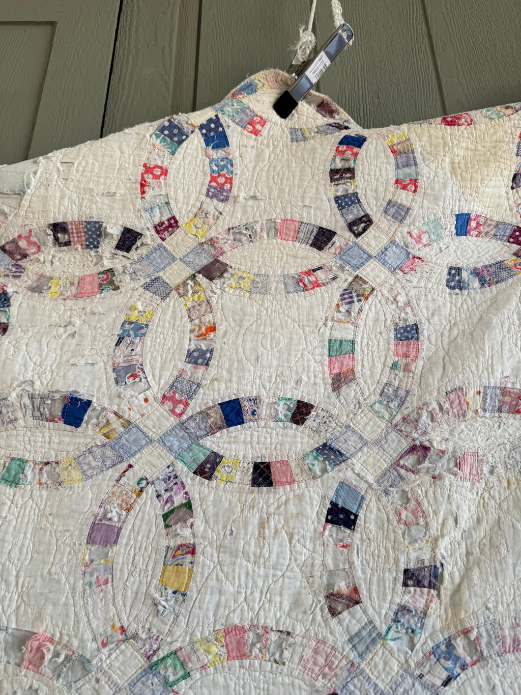 Vintage Cutter Quilt Double Wedding Ring Blue and Pink