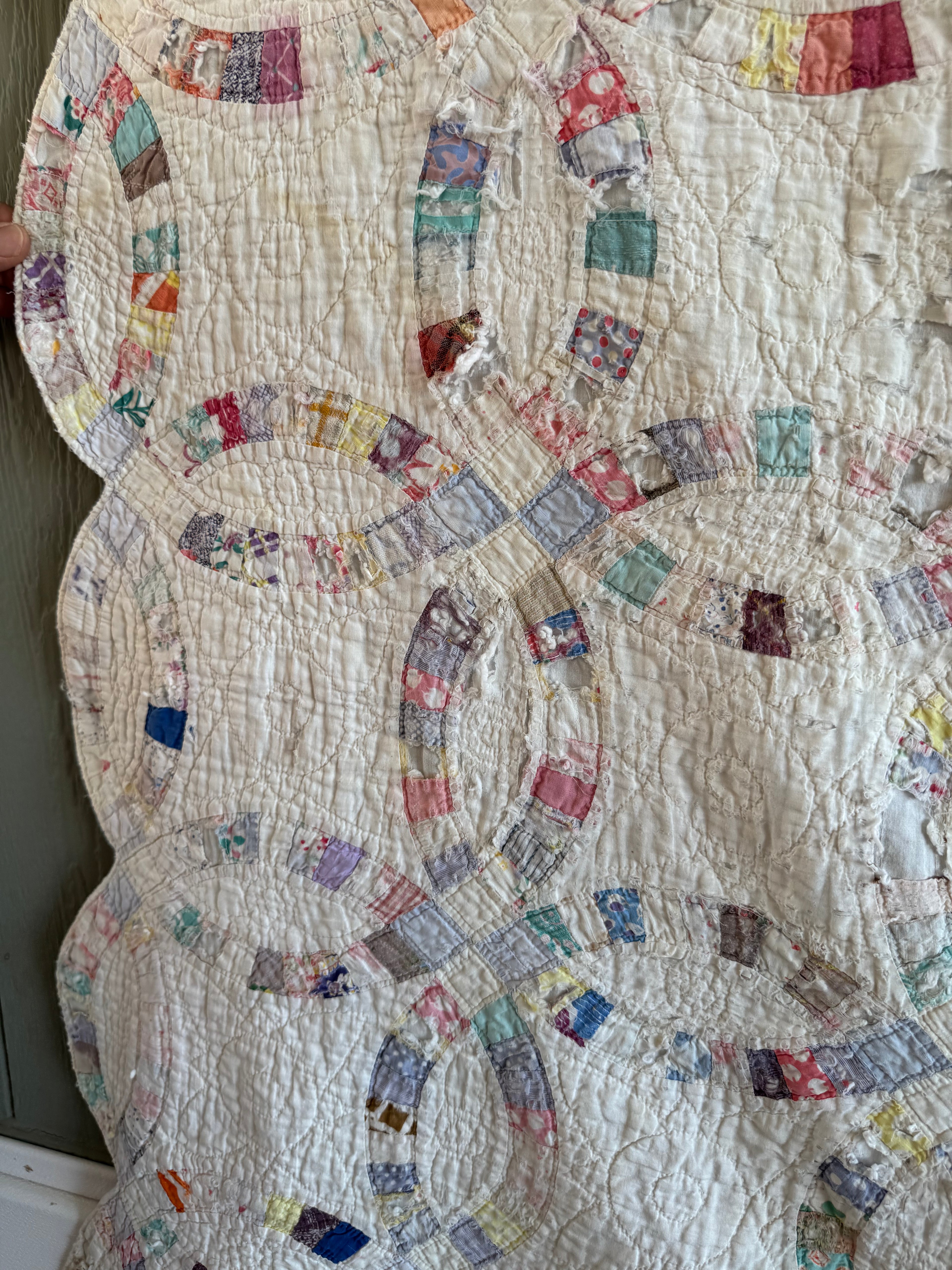 Vintage Cutter Quilt Double Wedding Ring Blue and Pink