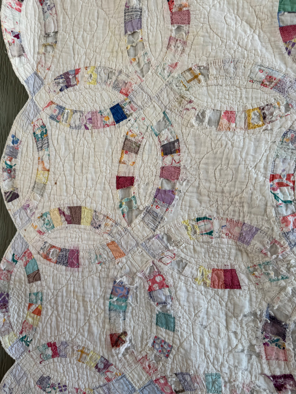 Vintage Cutter Quilt Double Wedding Ring Blue and Pink