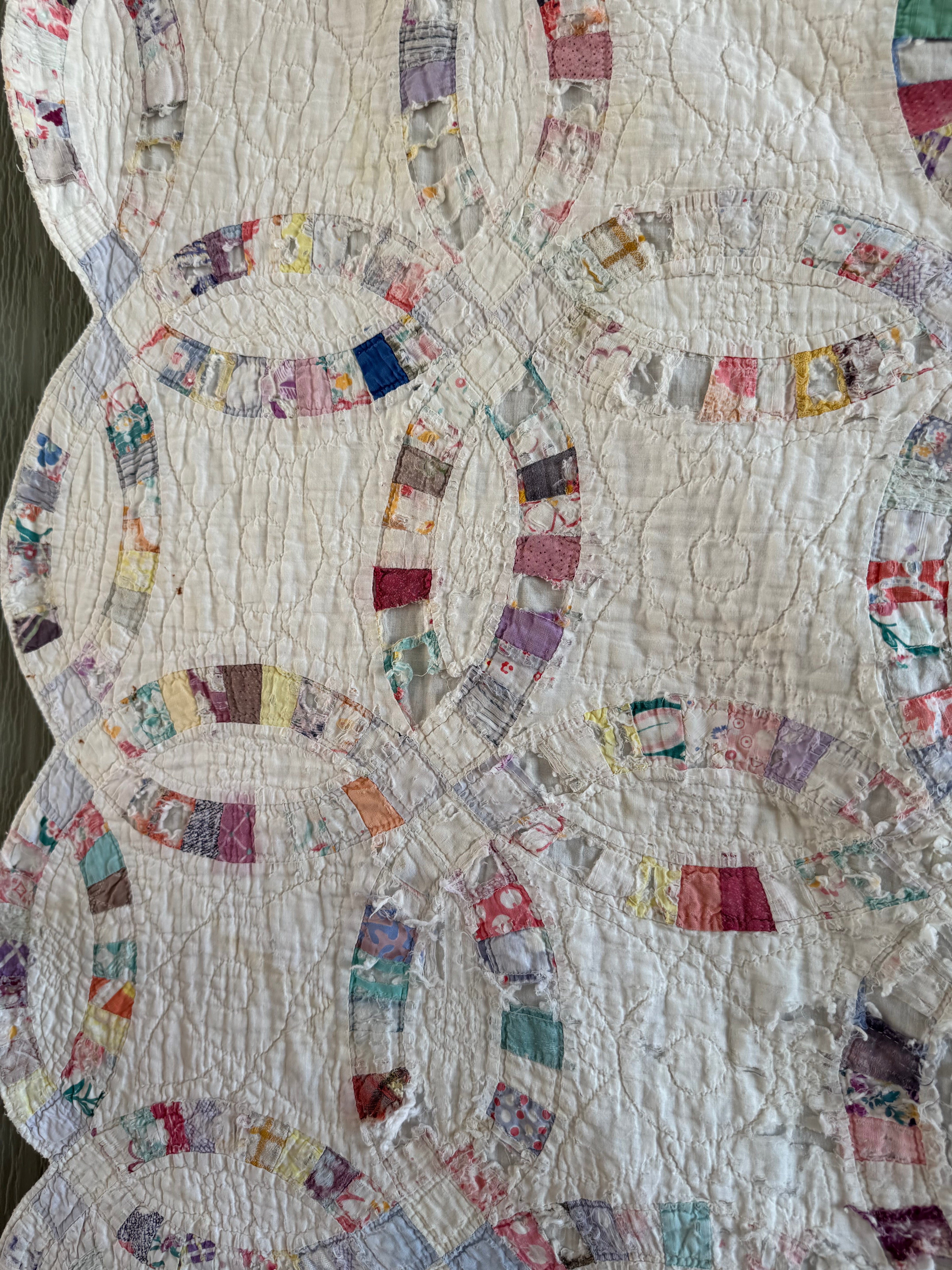 Vintage Cutter Quilt Double Wedding Ring Blue and Pink