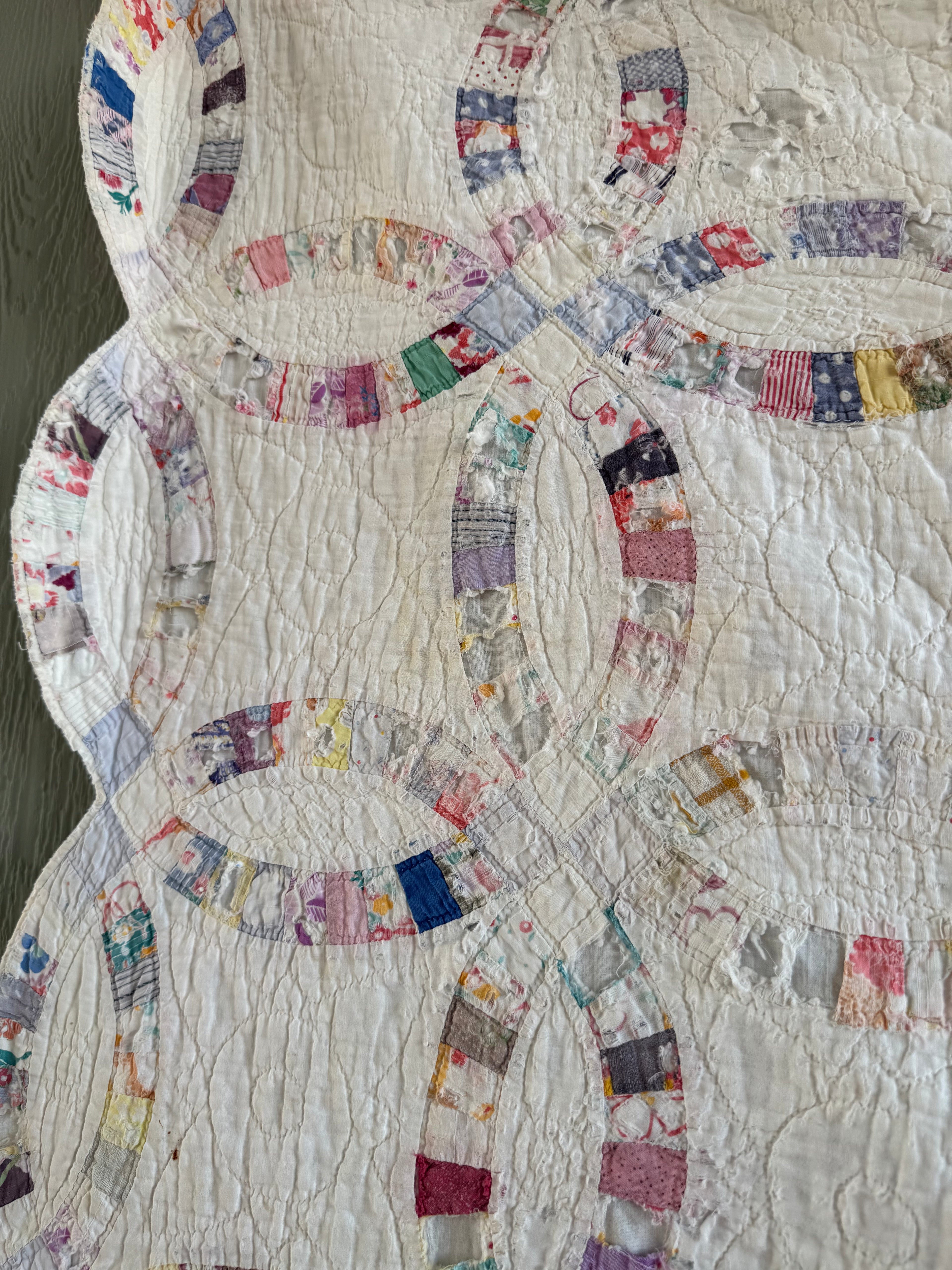 Vintage Cutter Quilt Double Wedding Ring Blue and Pink
