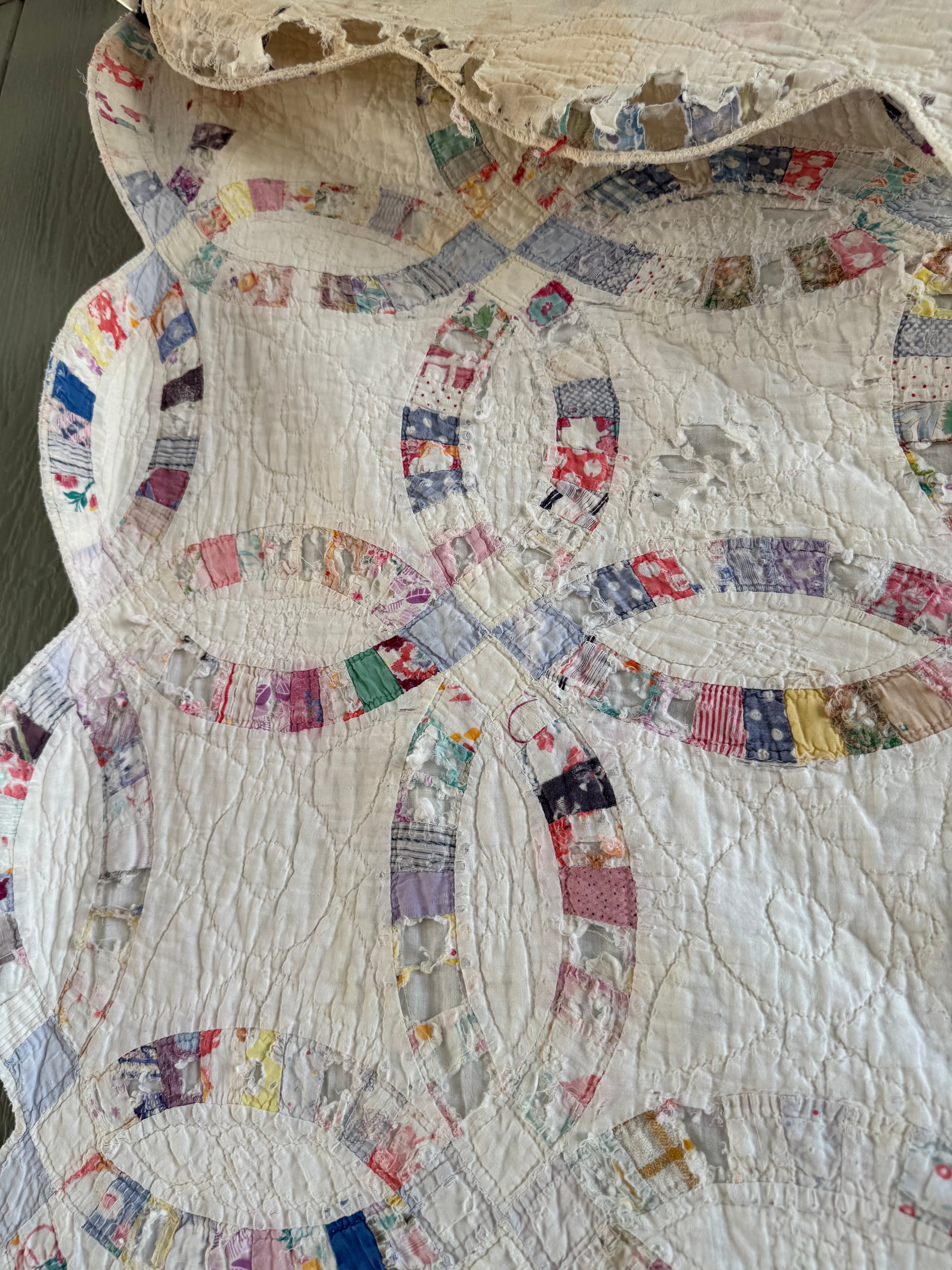 Vintage Cutter Quilt Double Wedding Ring Blue and Pink