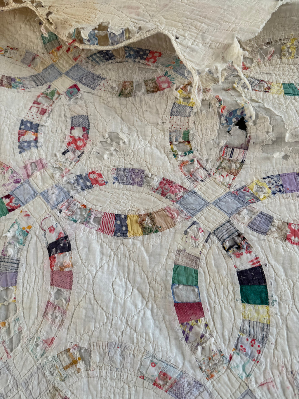 Vintage Cutter Quilt Double Wedding Ring Blue and Pink