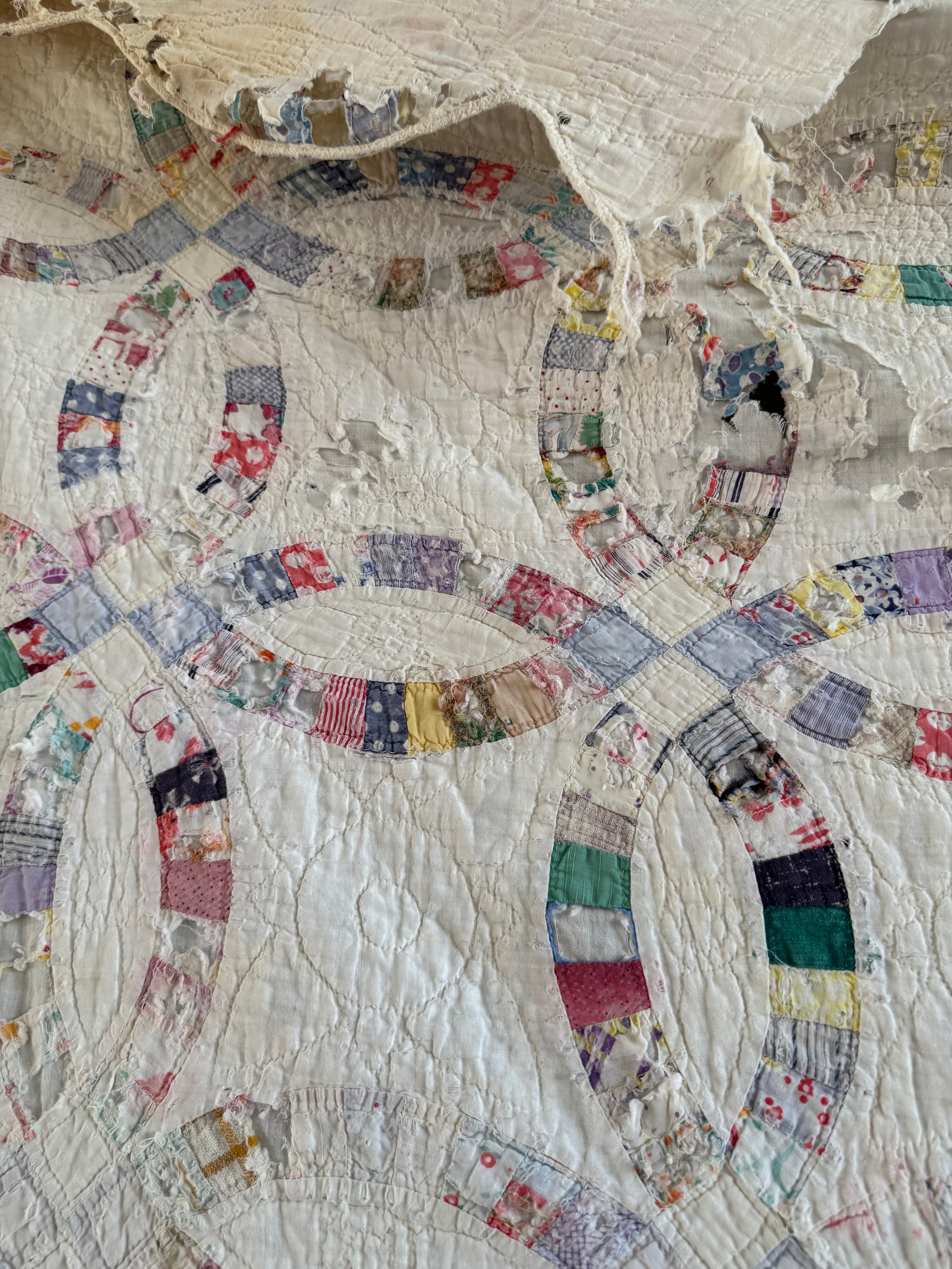 Vintage Cutter Quilt Double Wedding Ring Blue and Pink