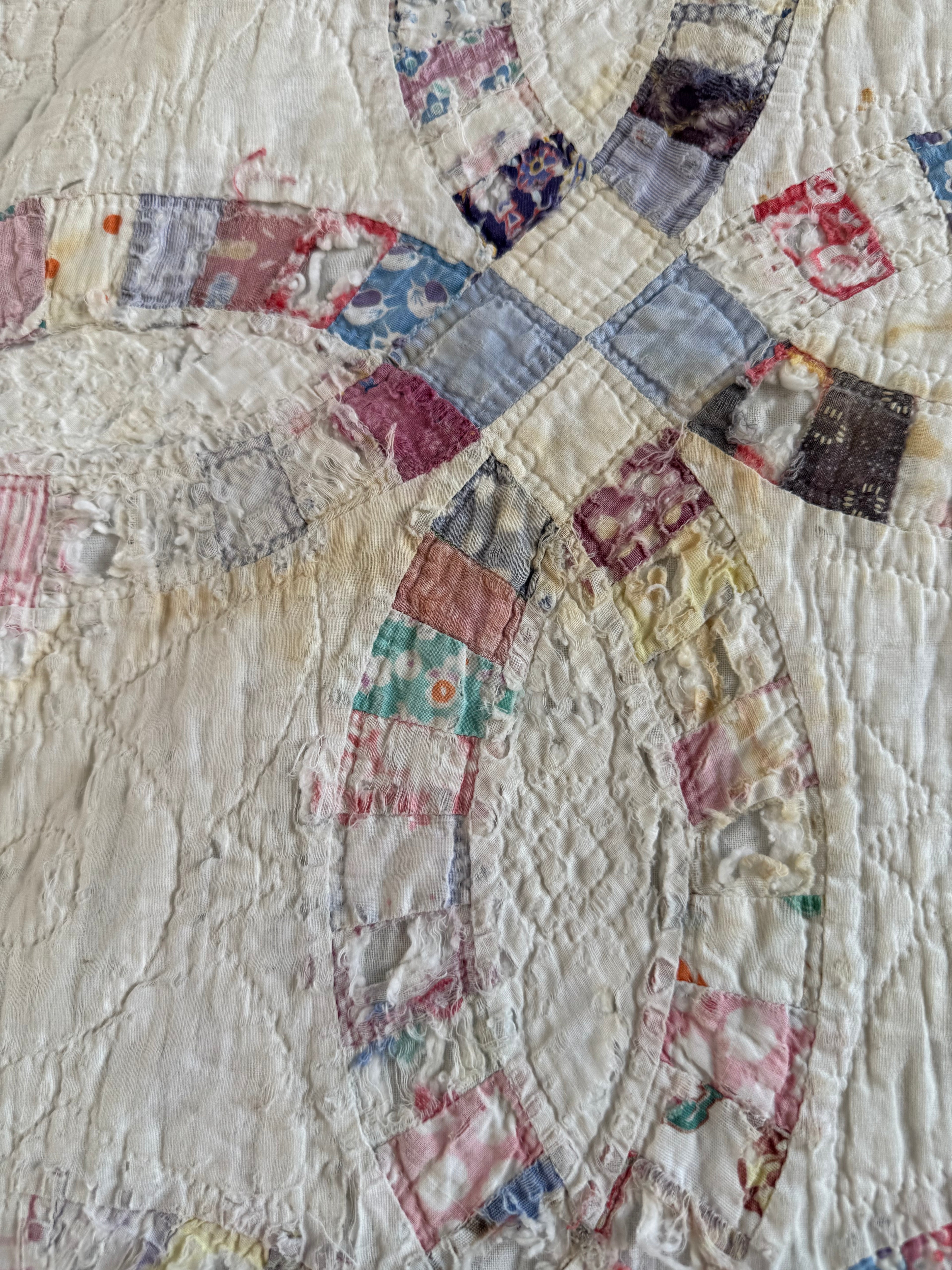 Vintage Cutter Quilt Double Wedding Ring Blue and Pink
