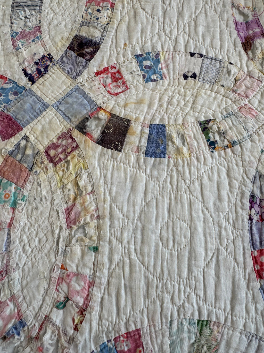Vintage Cutter Quilt Double Wedding Ring Blue and Pink