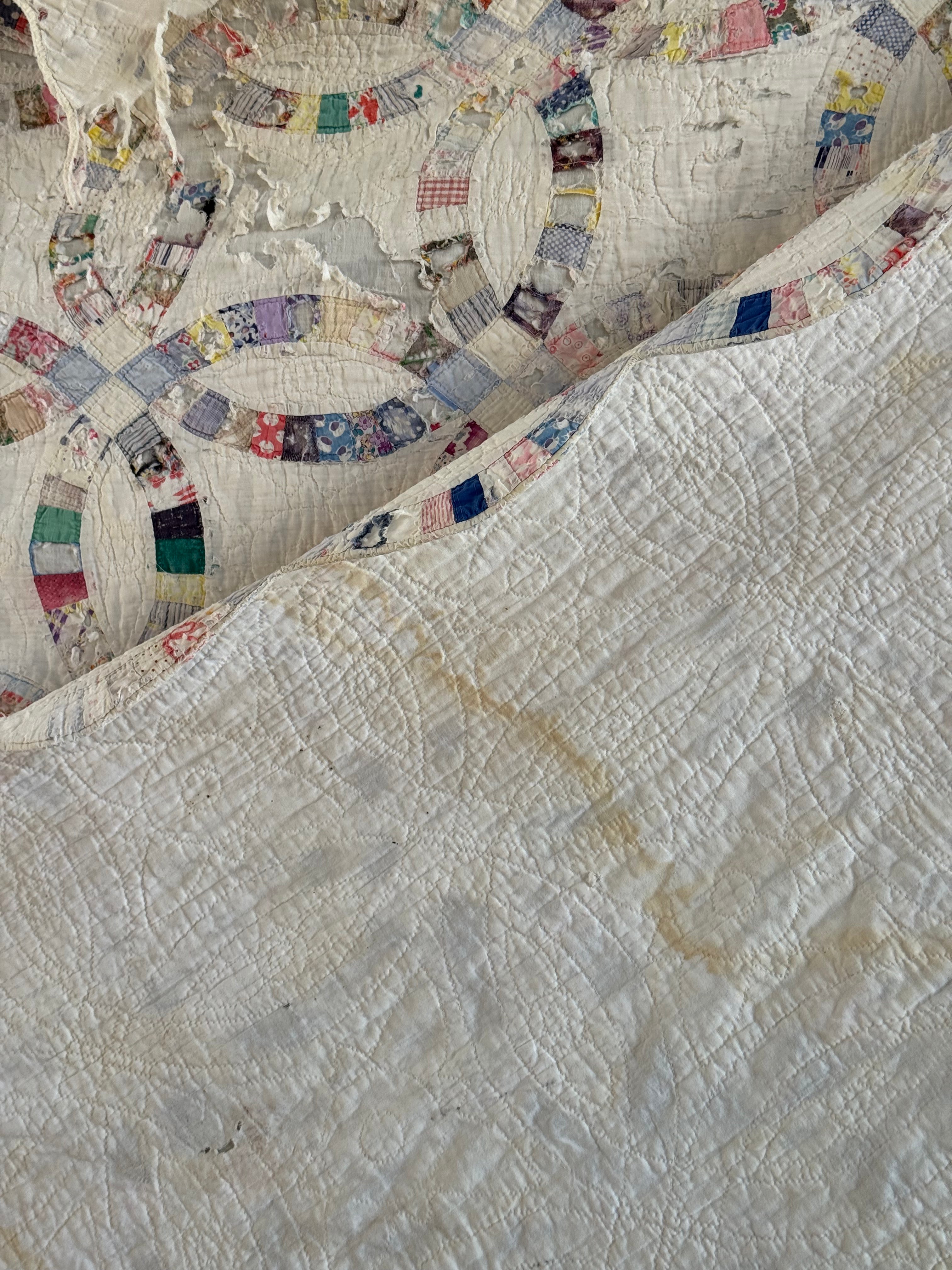 Vintage Cutter Quilt Double Wedding Ring Blue and Pink
