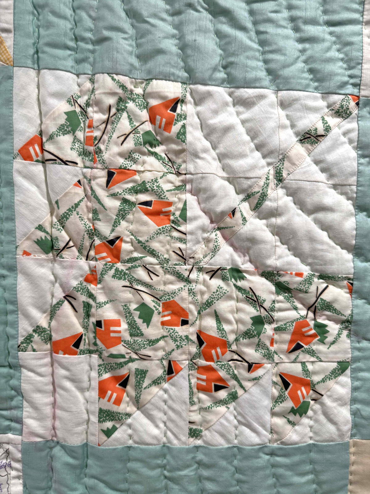 Vintage Quilt Sampler Block with Aqua Setting