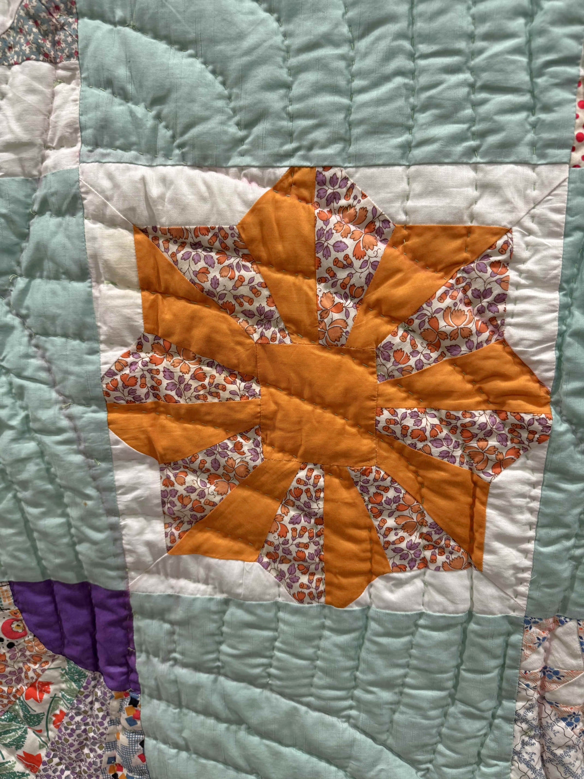 Vintage Quilt Sampler Block with Aqua Setting