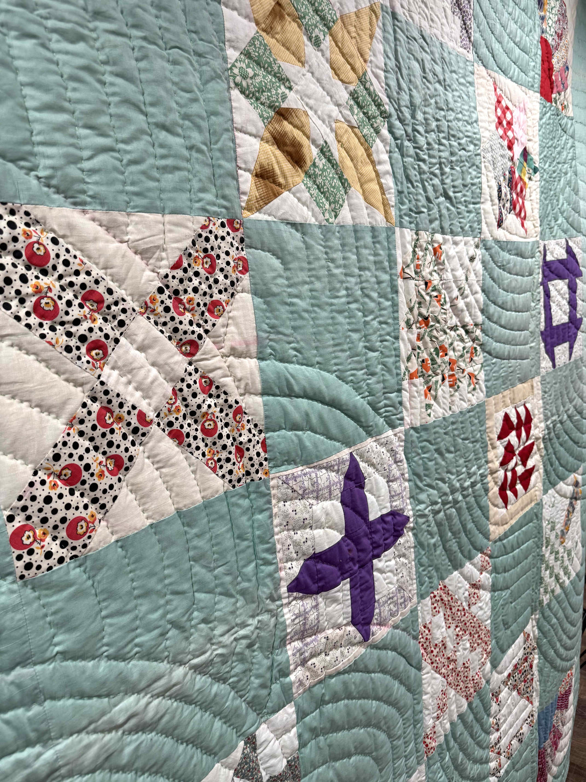 Vintage Quilt Sampler Block with Aqua Setting