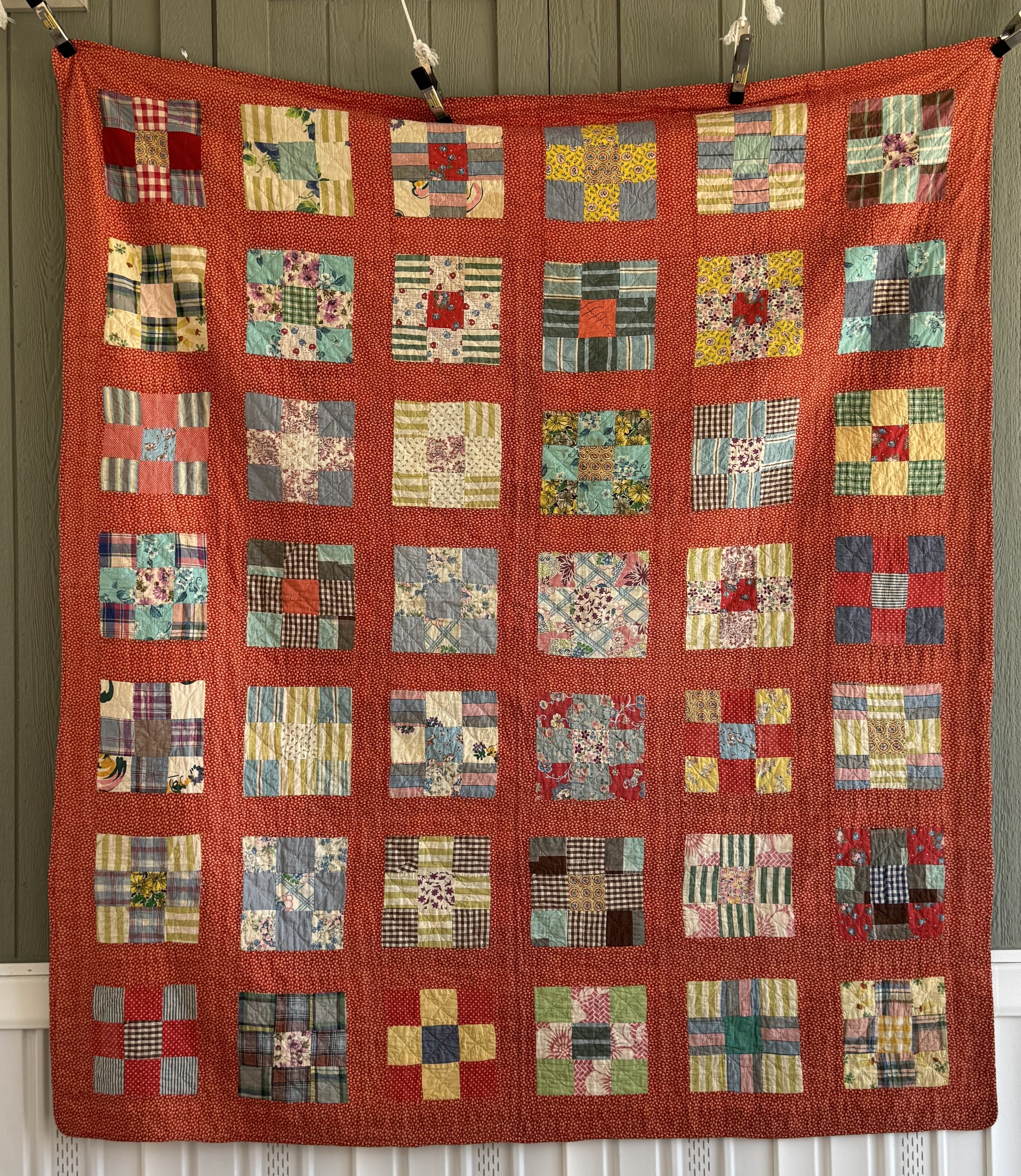 Vintage Quilt Red Calico Nine Patch