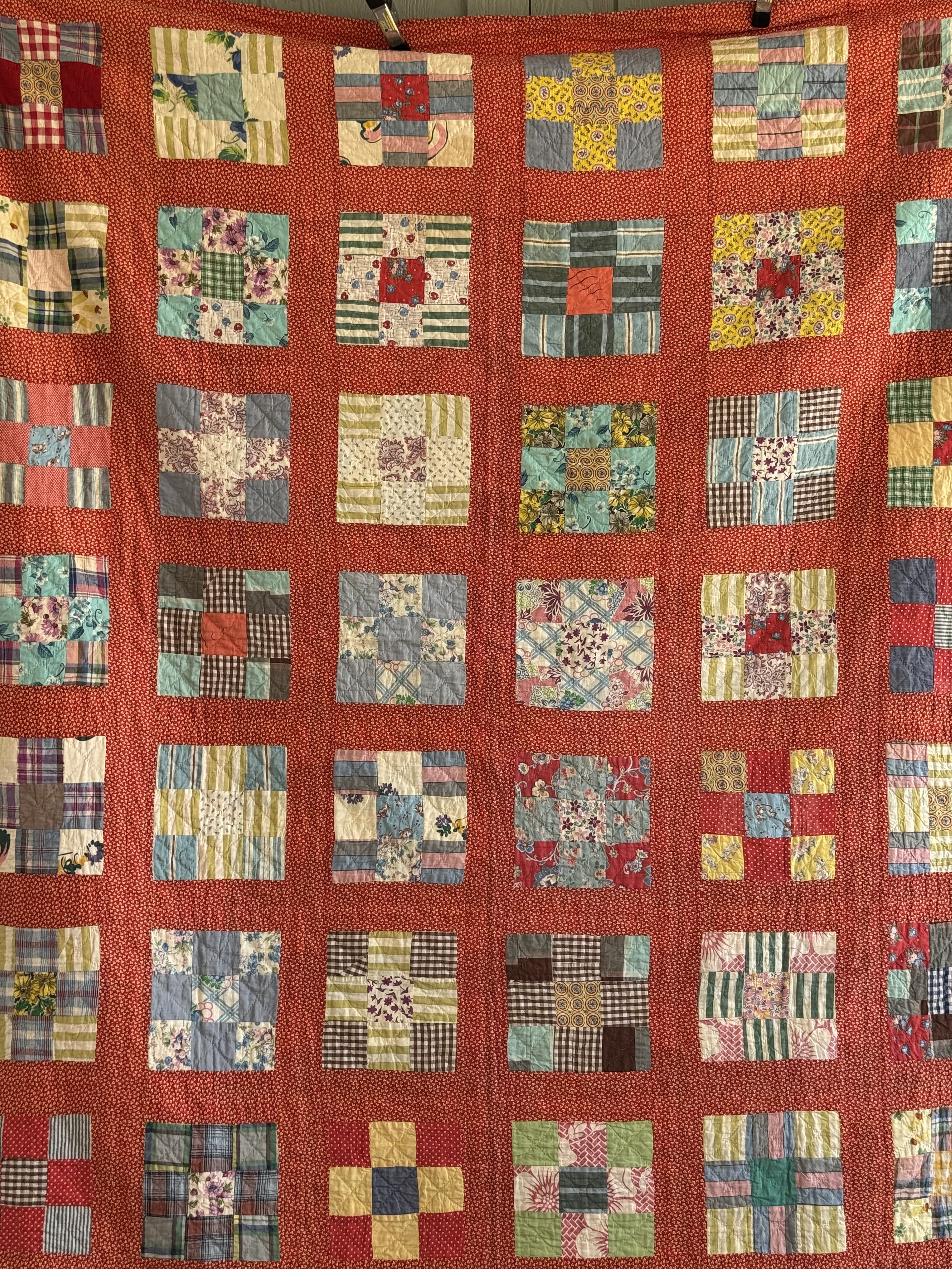 Vintage Quilt Red Calico Nine Patch