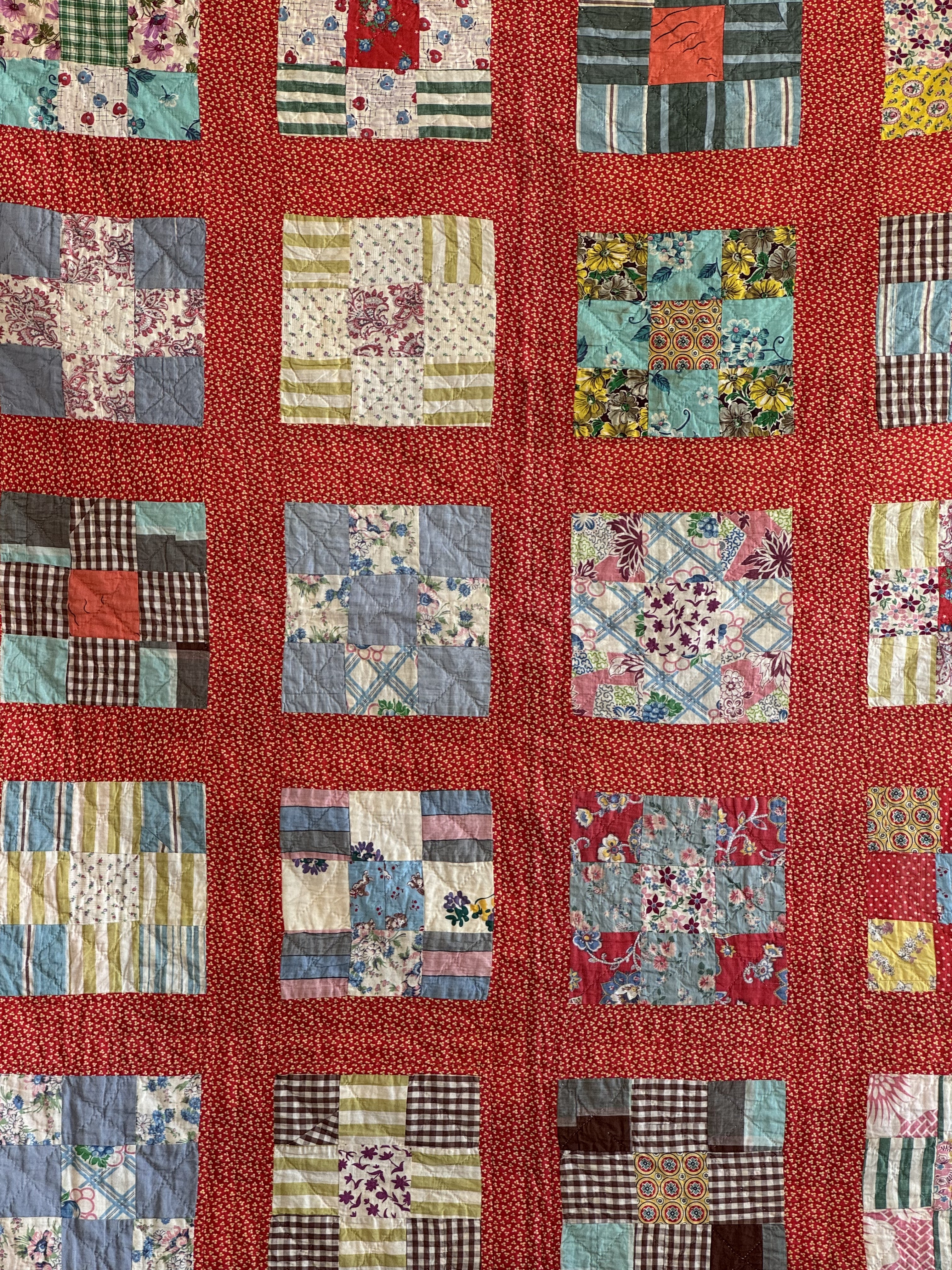 Vintage Quilt Red Calico Nine Patch