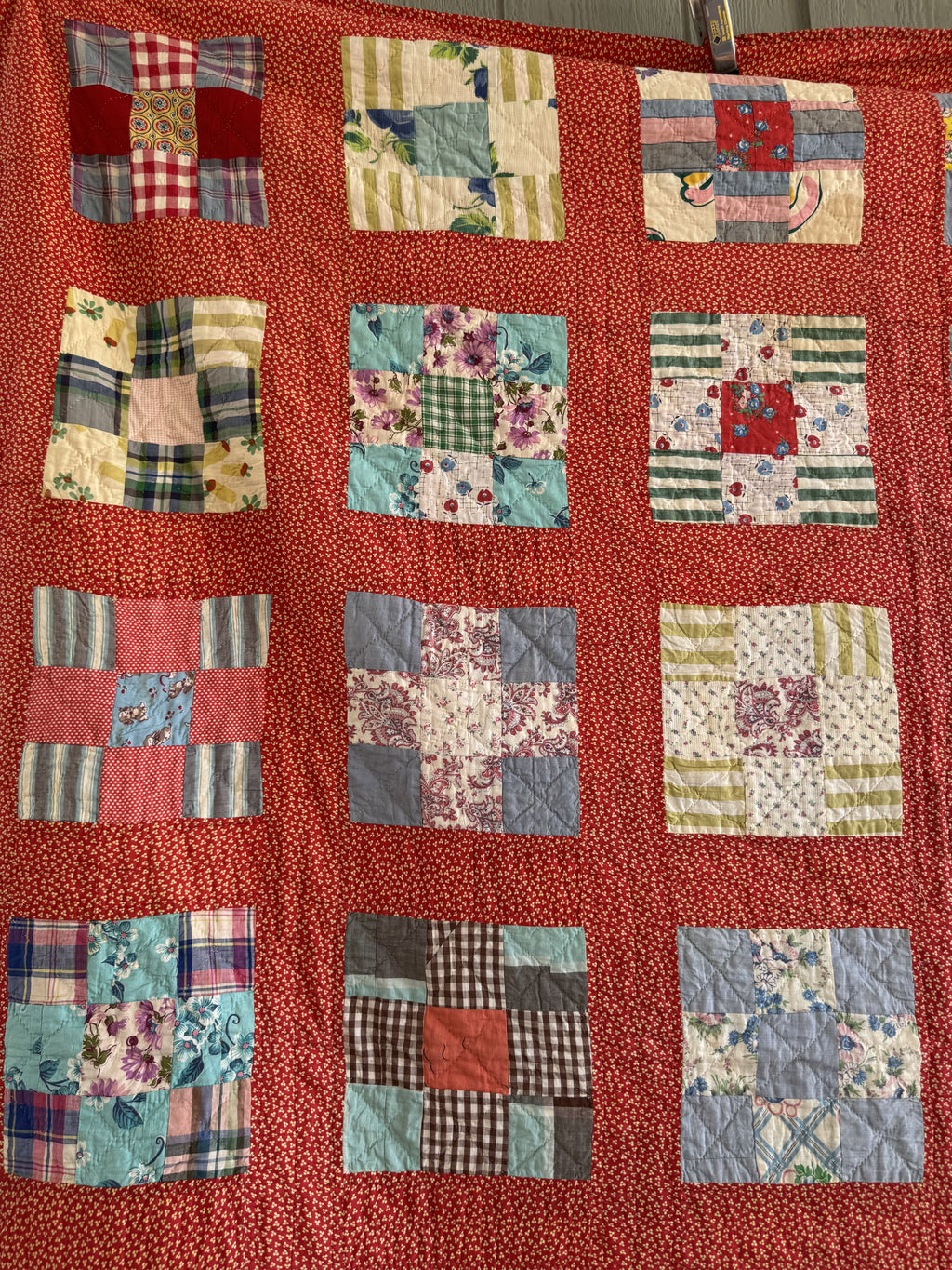 Vintage Quilt Red Calico Nine Patch
