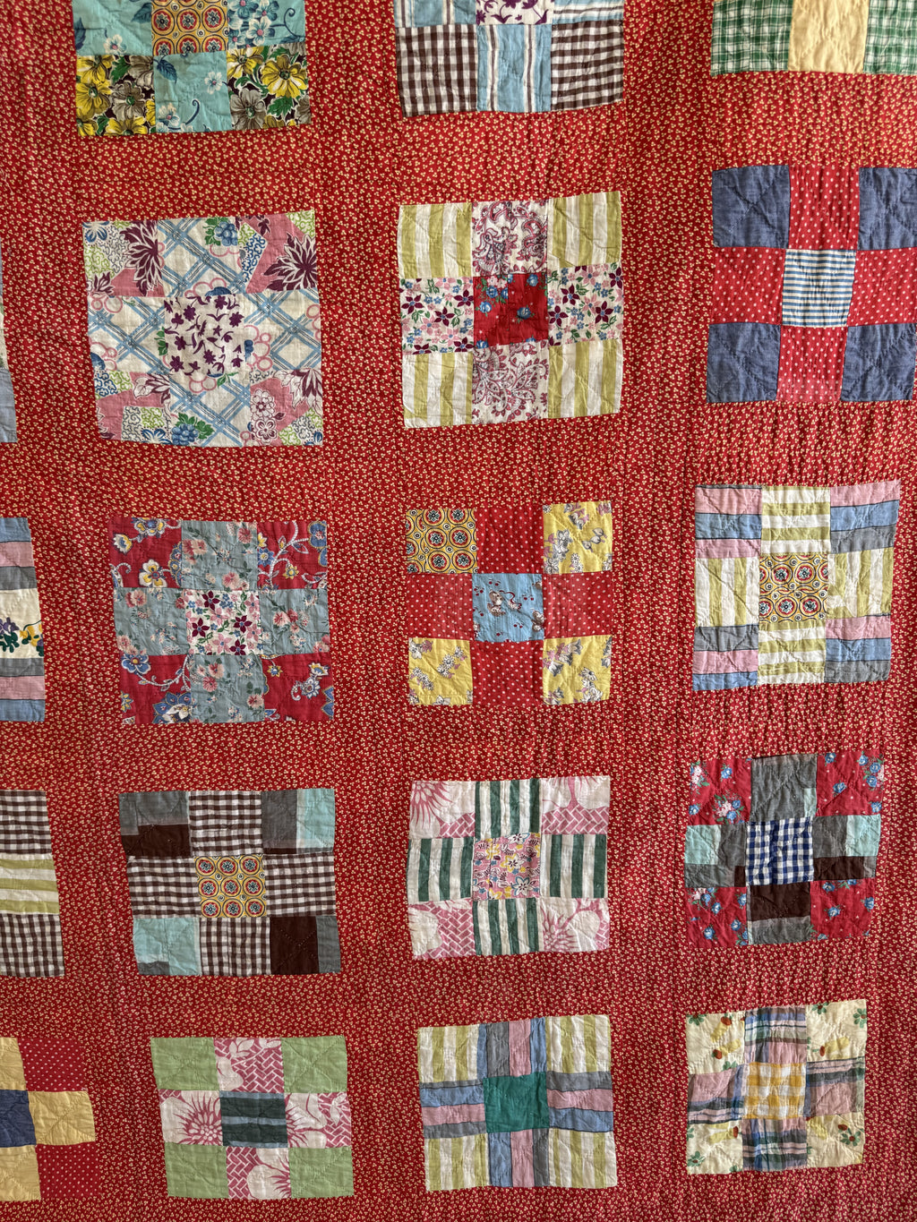 Vintage Quilt Red Calico Nine Patch