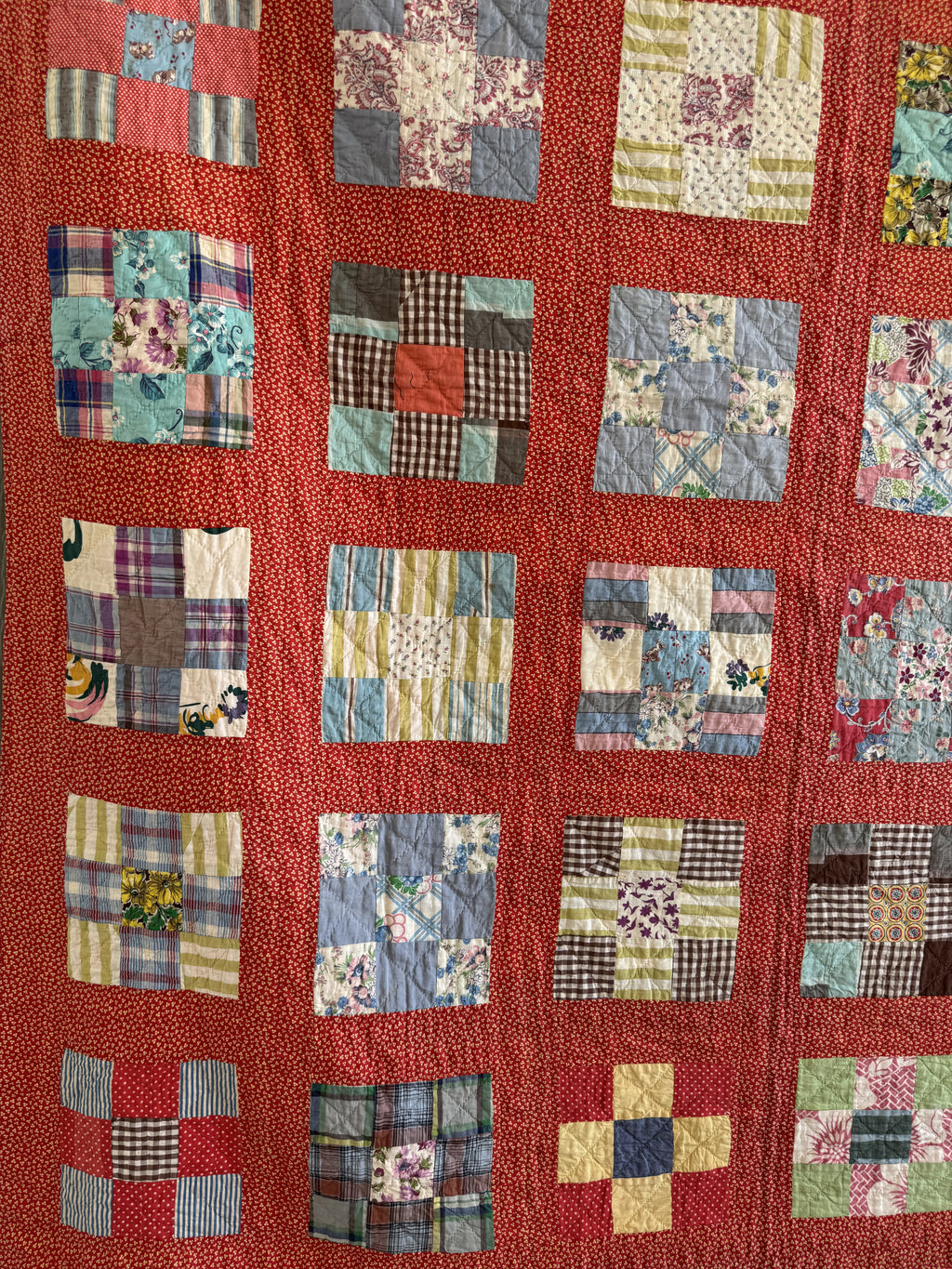 Vintage Quilt Red Calico Nine Patch
