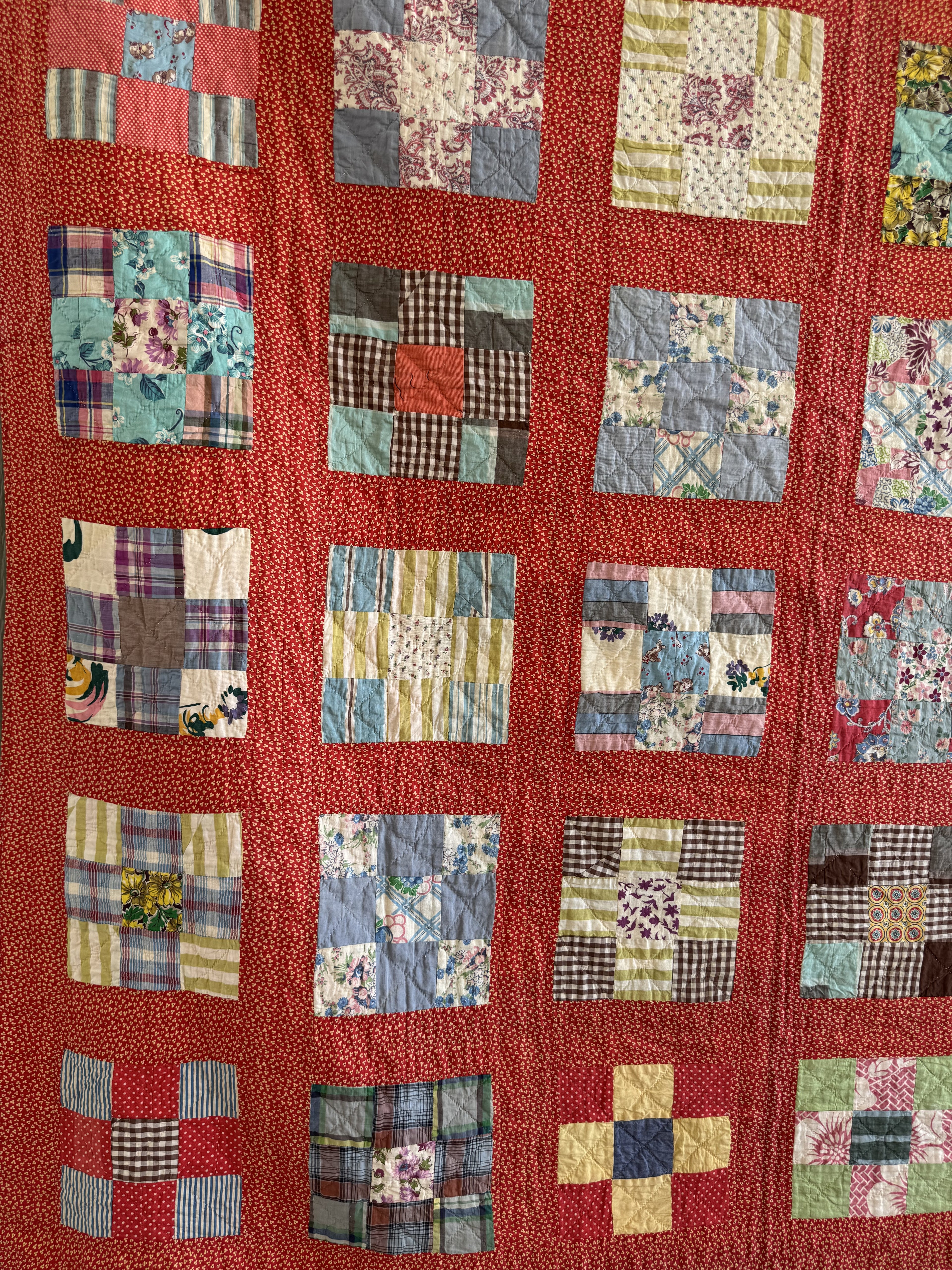 Vintage Quilt Red Calico Nine Patch