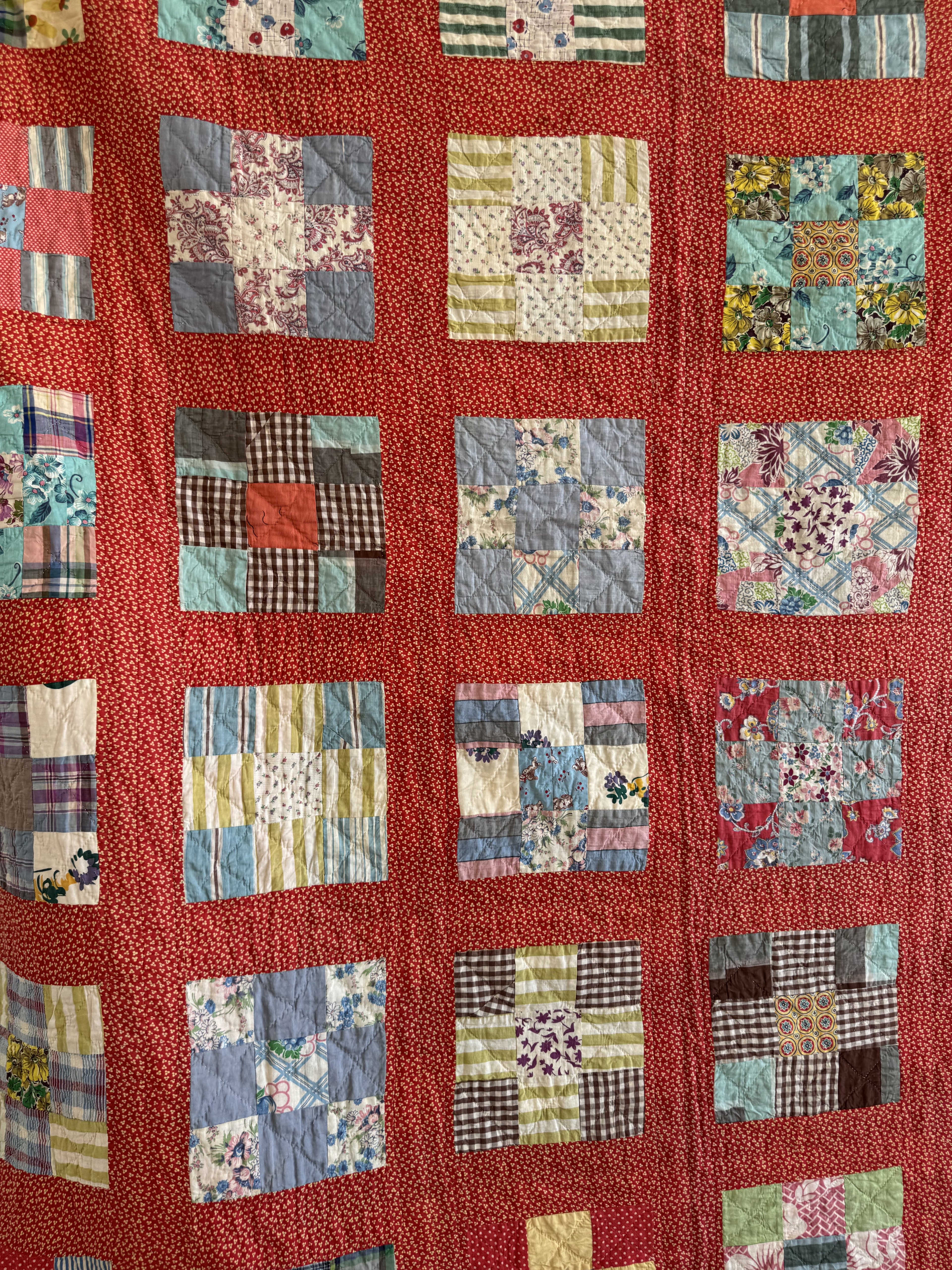 Vintage Quilt Red Calico Nine Patch