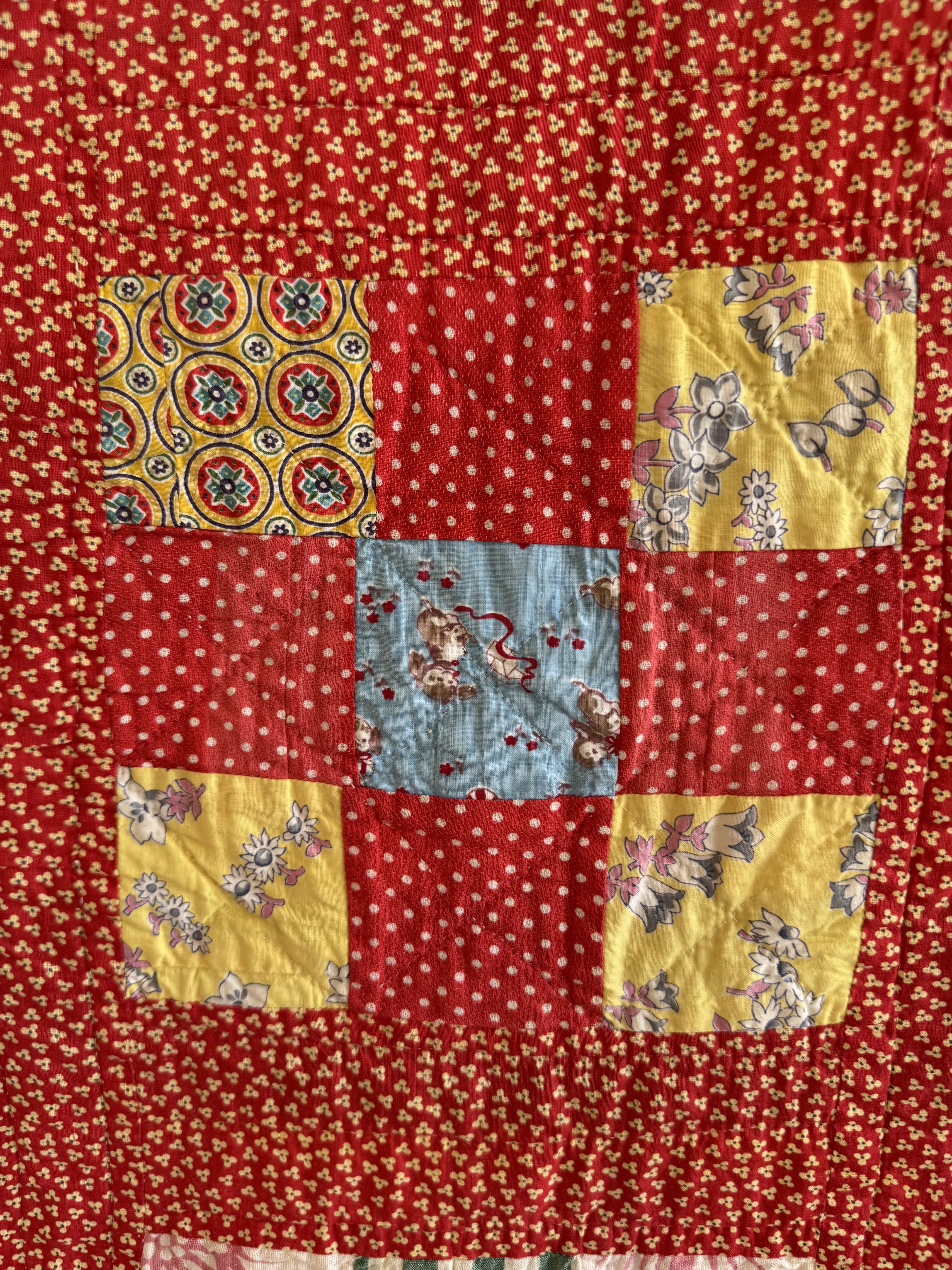 Vintage Quilt Red Calico Nine Patch