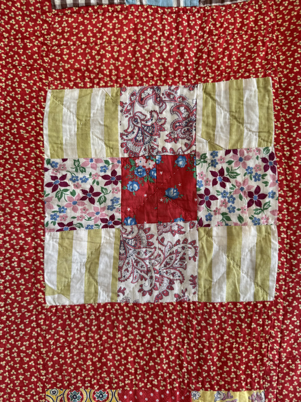 Vintage Quilt Red Calico Nine Patch
