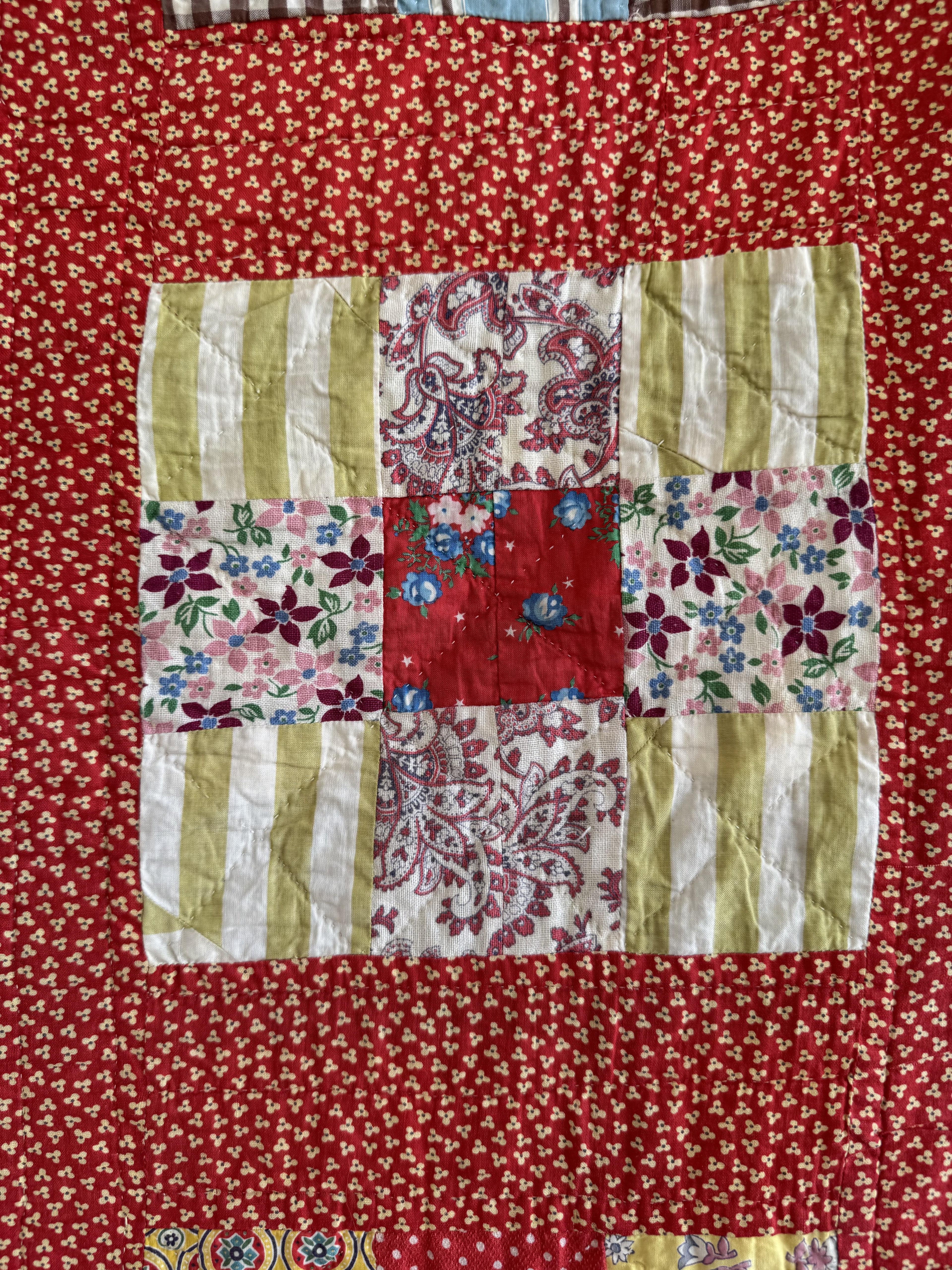 Vintage Quilt Red Calico Nine Patch