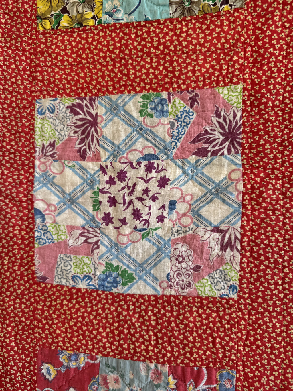 Vintage Quilt Red Calico Nine Patch