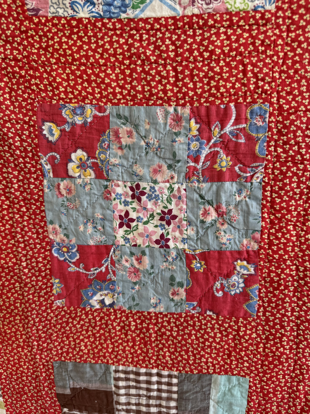Vintage Quilt Red Calico Nine Patch