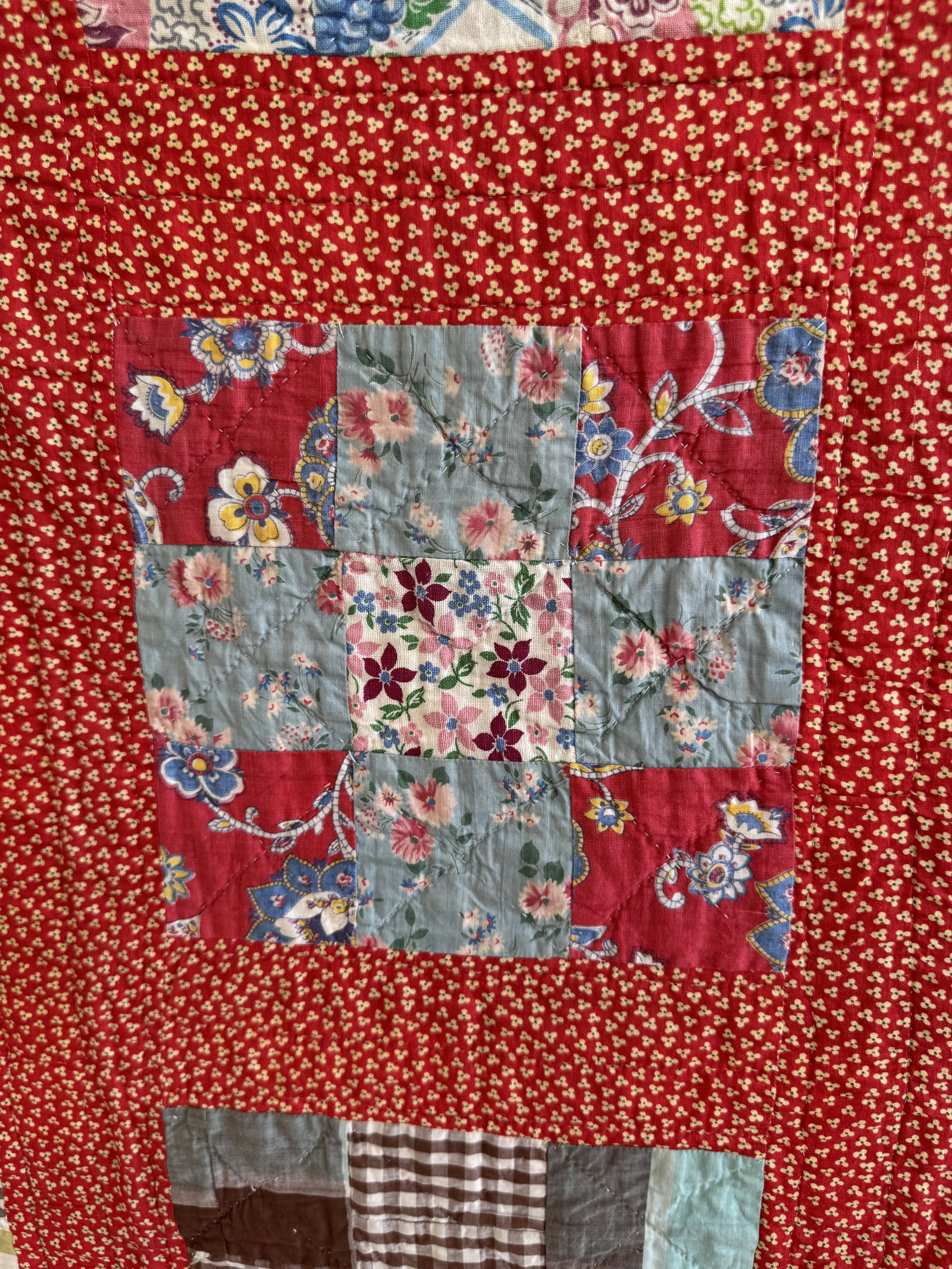 Vintage Quilt Red Calico Nine Patch
