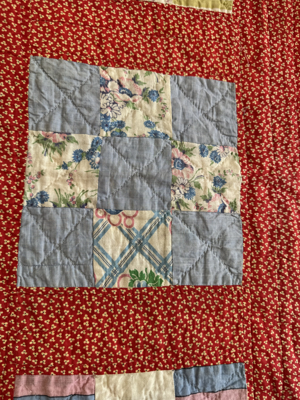 Vintage Quilt Red Calico Nine Patch