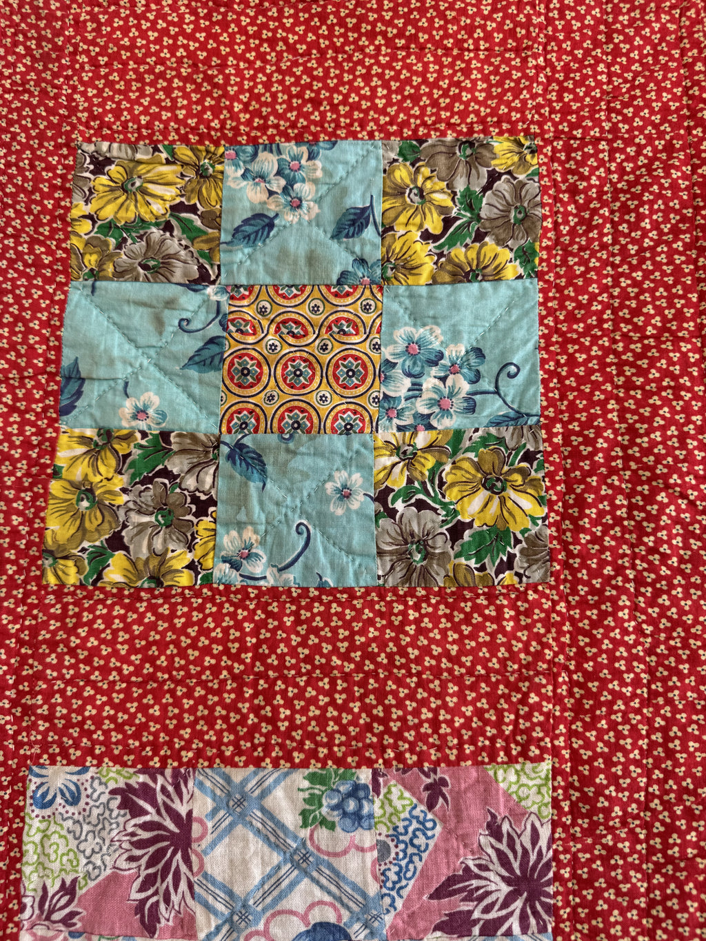 Vintage Quilt Red Calico Nine Patch