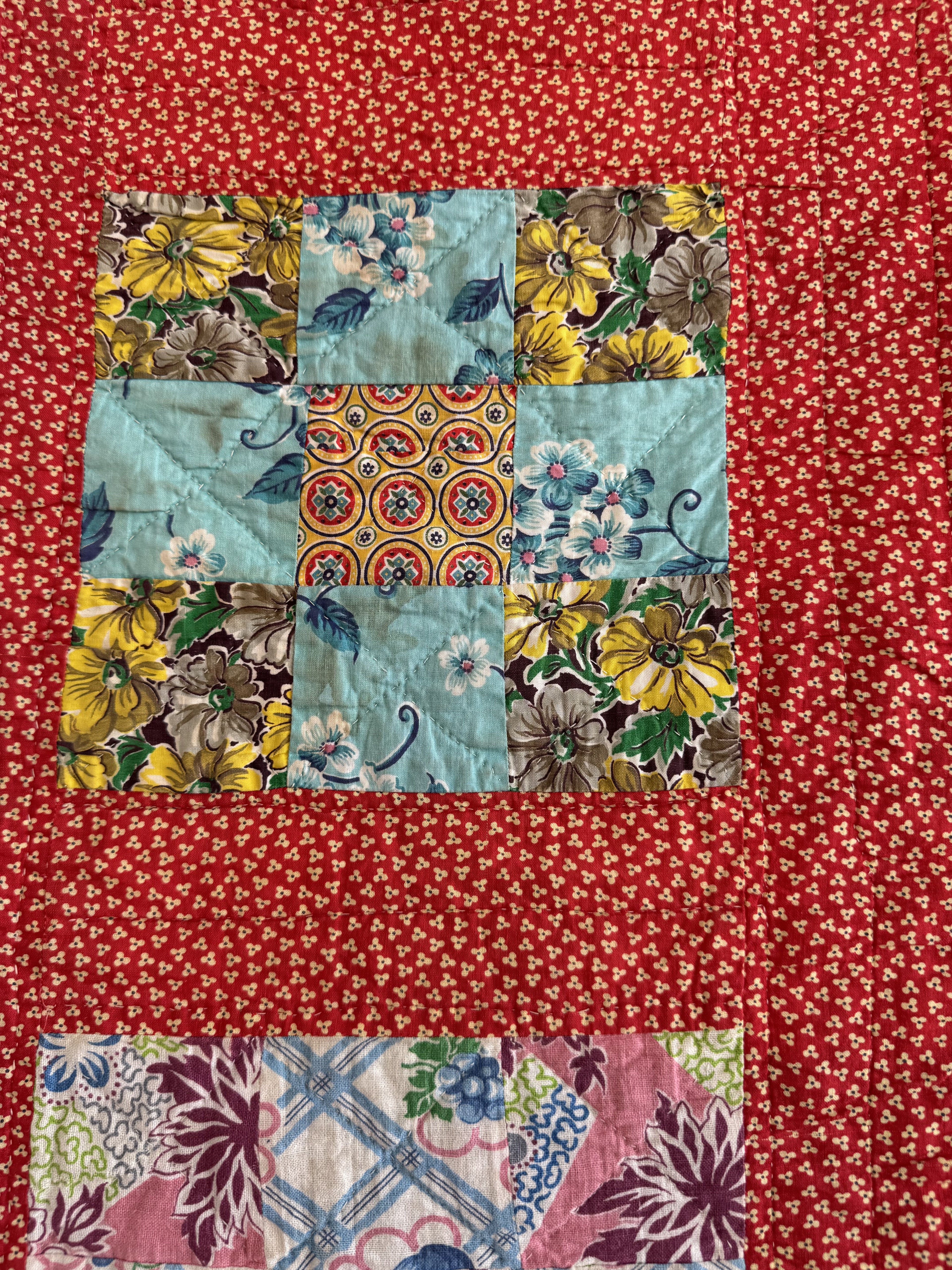 Vintage Quilt Red Calico Nine Patch