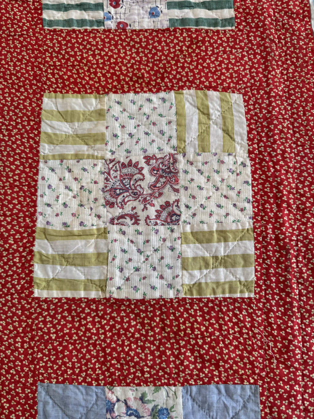 Vintage Quilt Red Calico Nine Patch