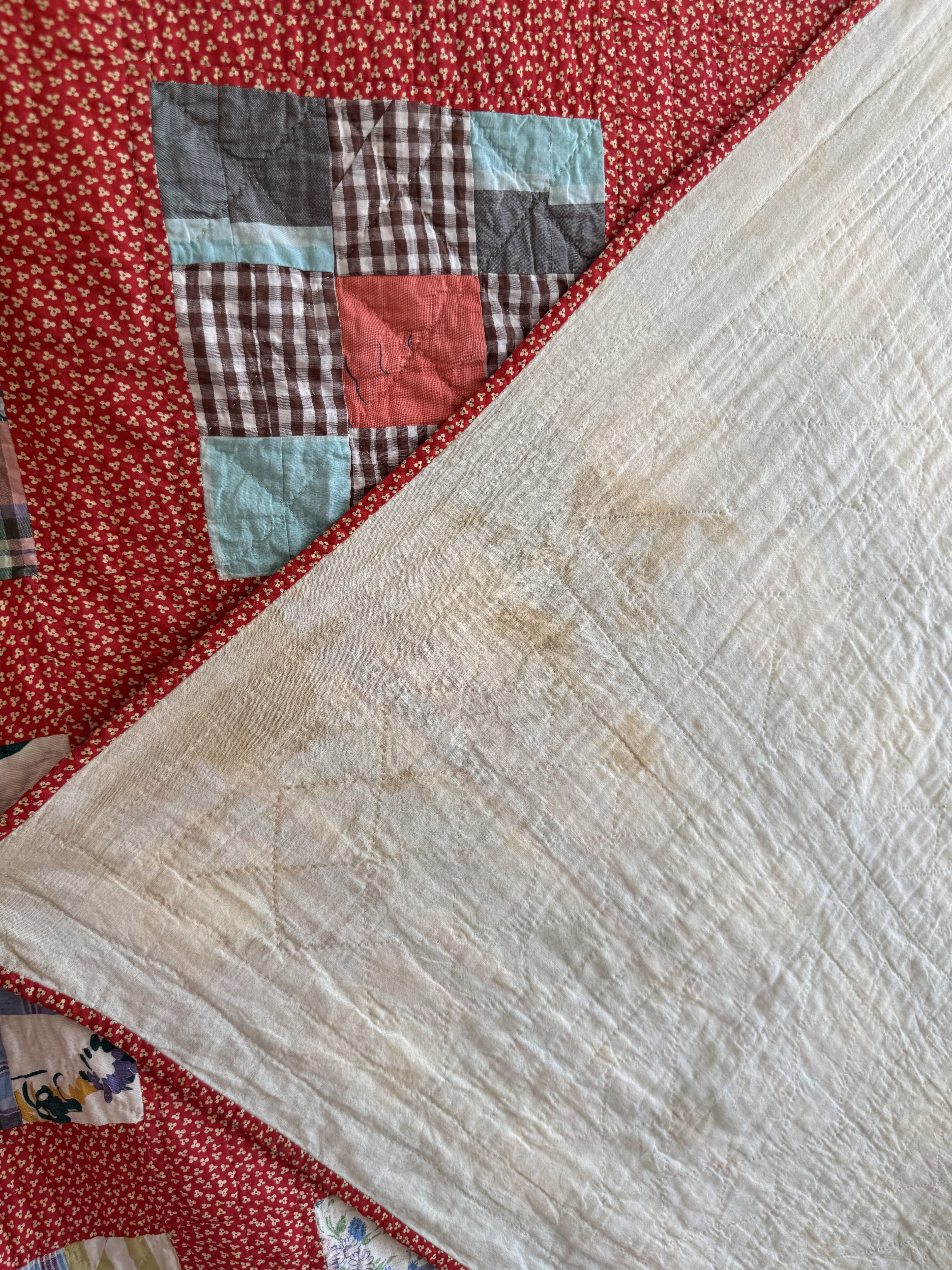 Vintage Quilt Red Calico Nine Patch