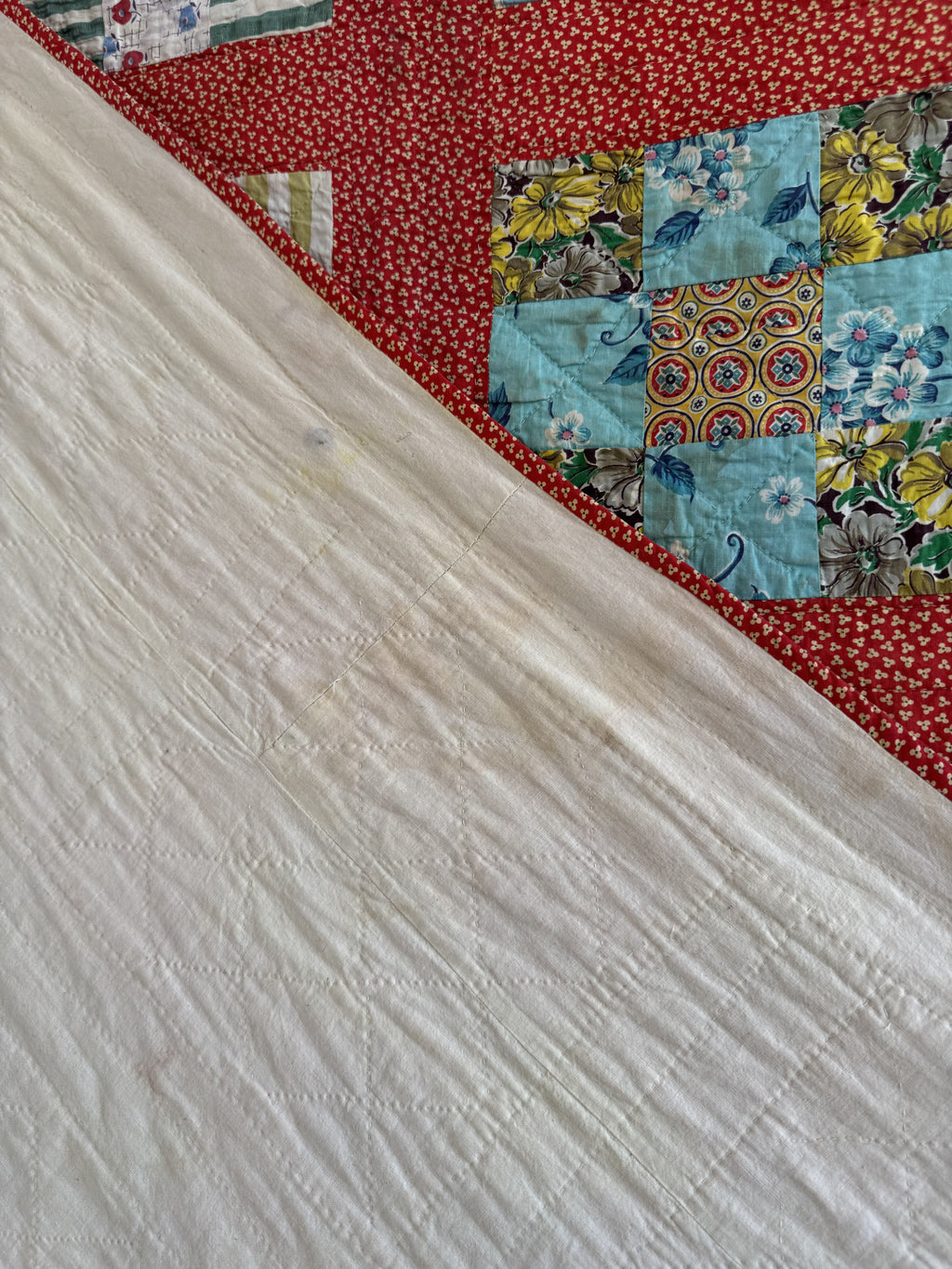 Vintage Quilt Red Calico Nine Patch