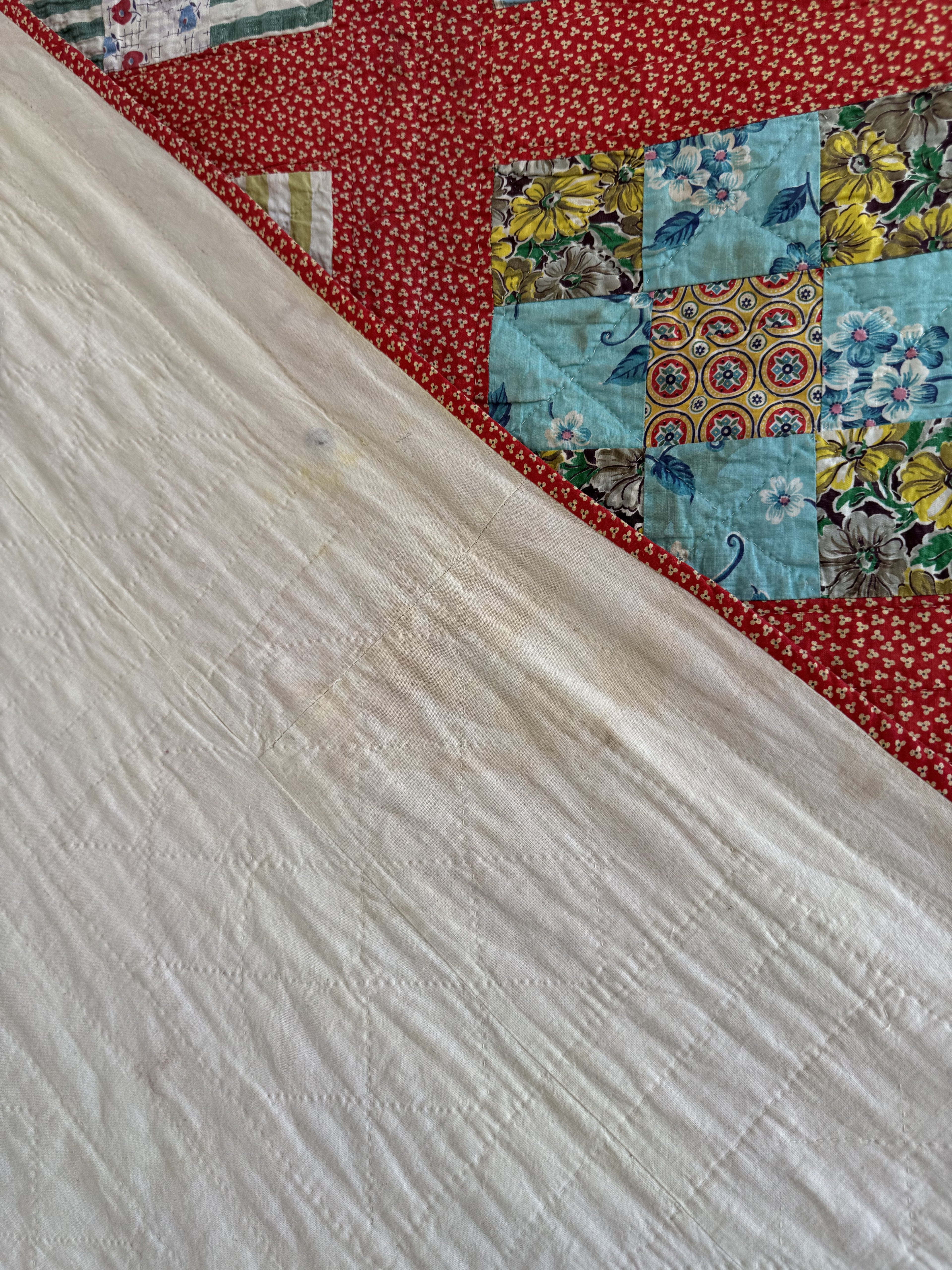 Vintage Quilt Red Calico Nine Patch